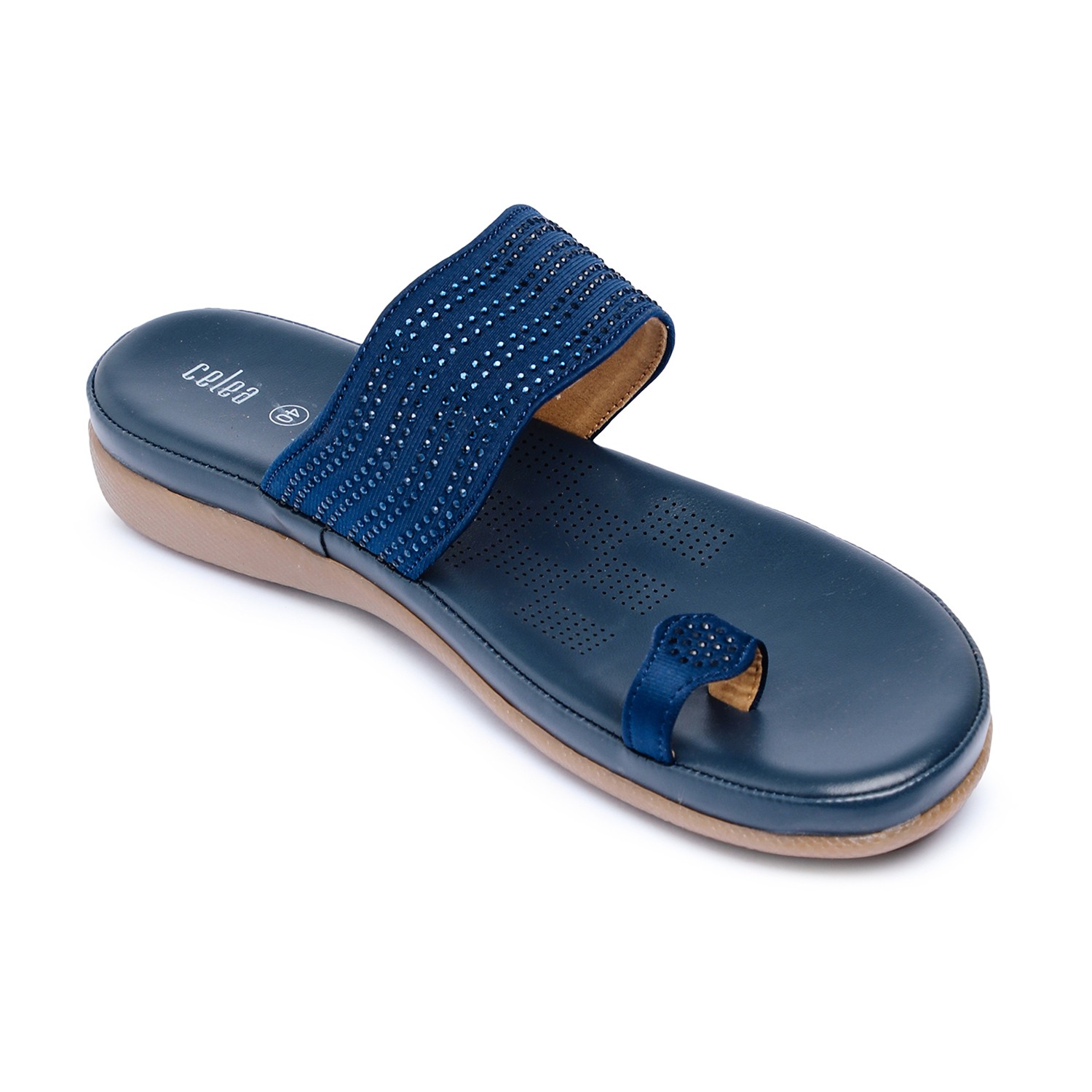 Women Navy Blue Toe Ring Stone embellished Flats