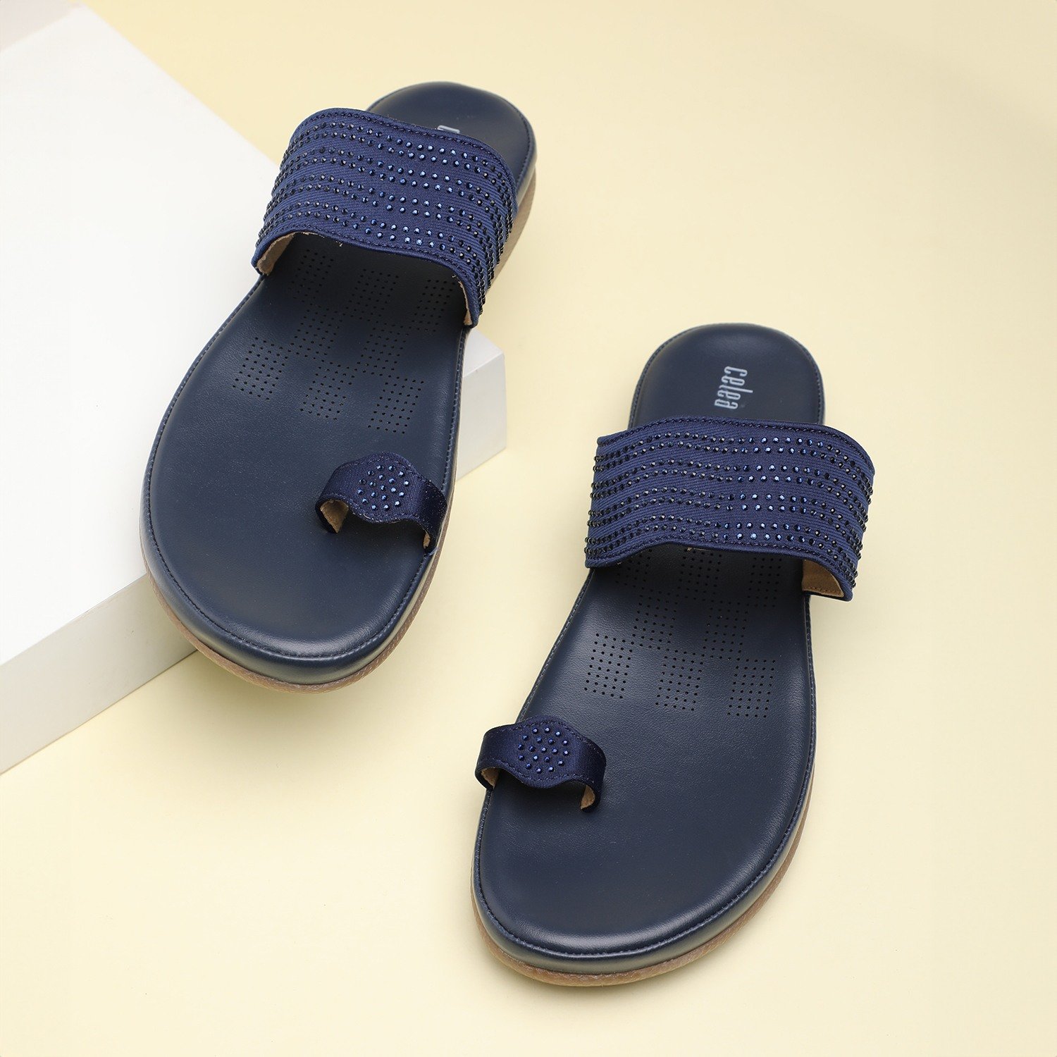 Women Navy Blue Toe Ring Stone embellished Flats
