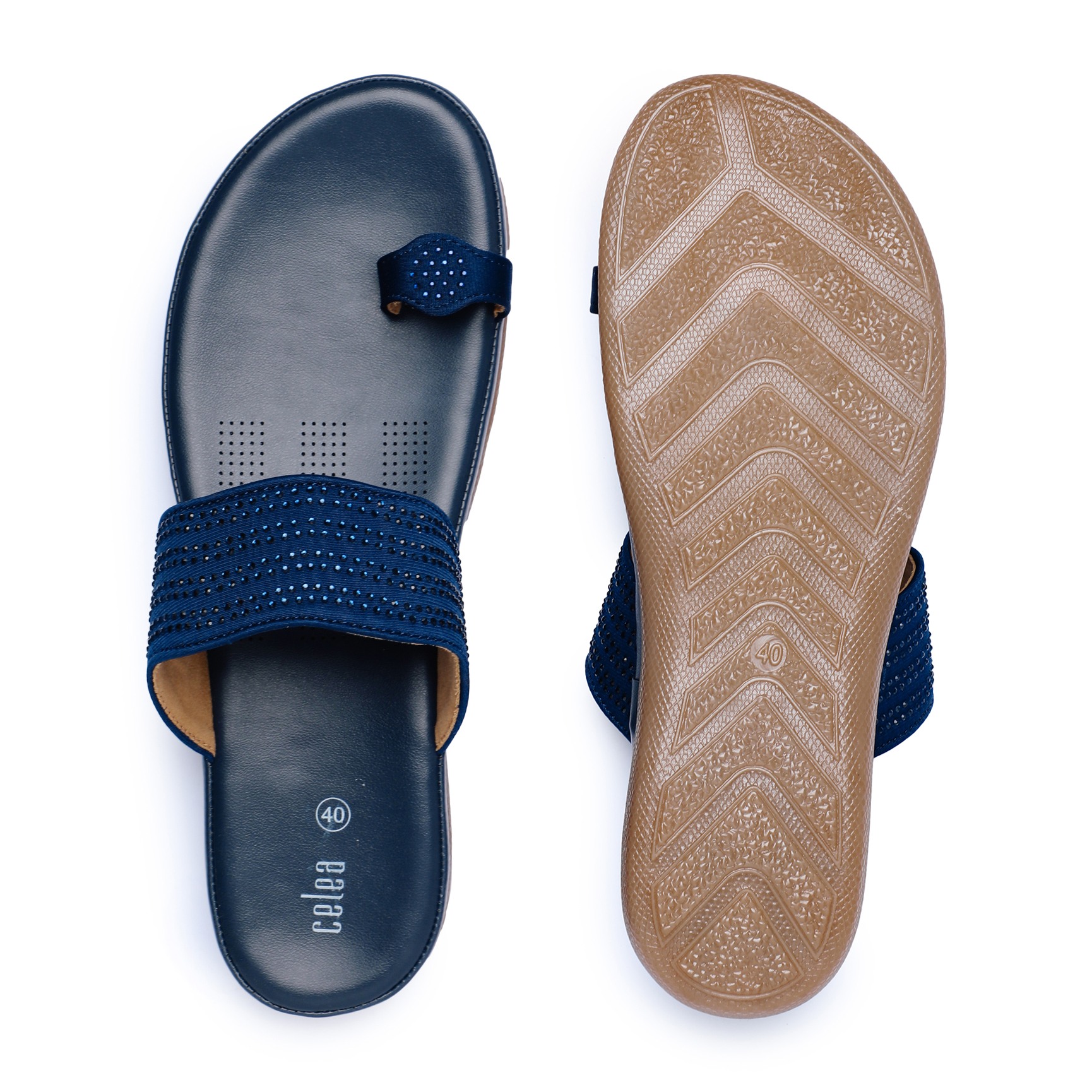 Women Navy Blue Toe Ring Stone embellished Flats