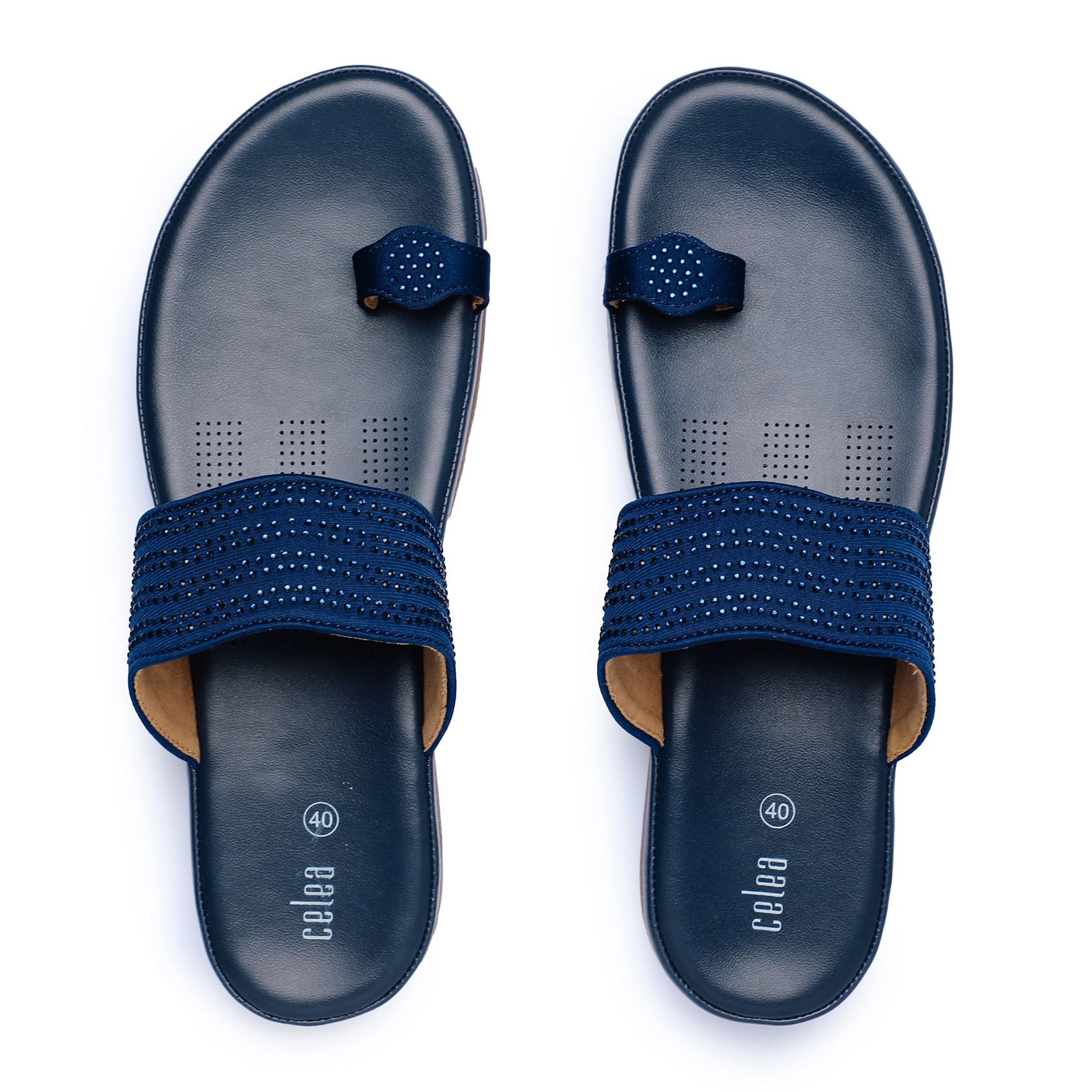 Women Navy Blue Toe Ring Stone embellished Flats