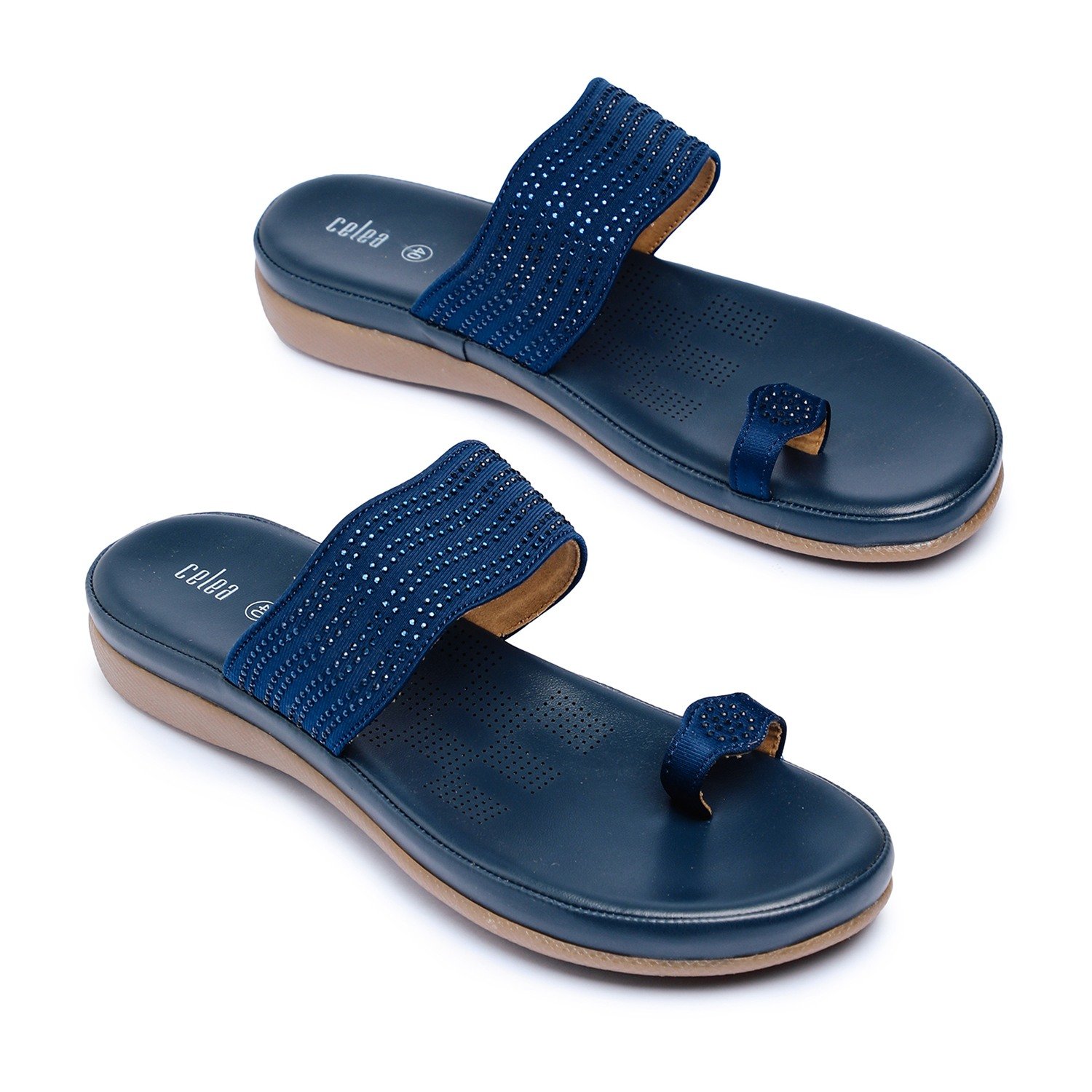 Women Navy Blue Toe Ring Stone embellished Flats