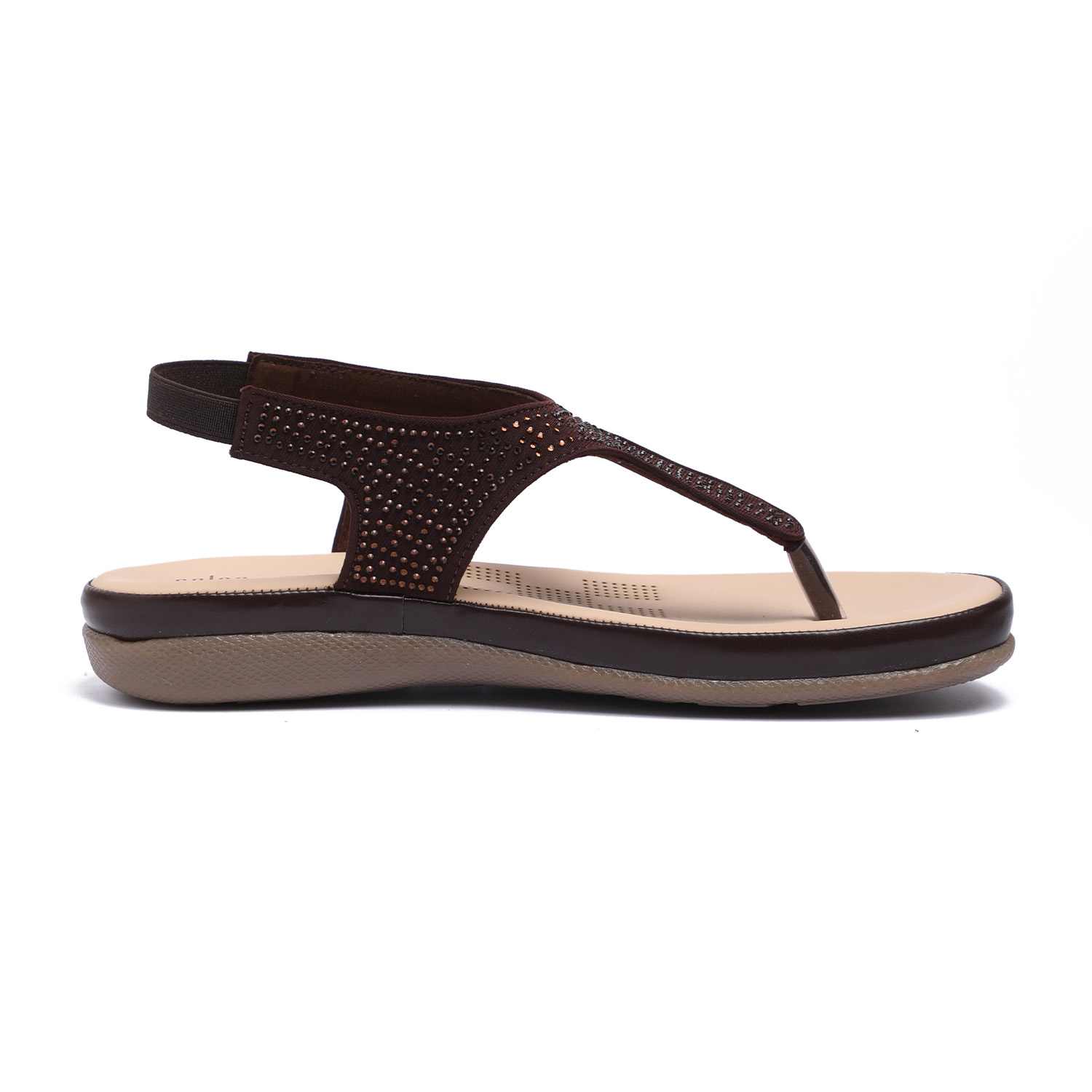 Women Brown T-Strap Stone Embellished Sandals