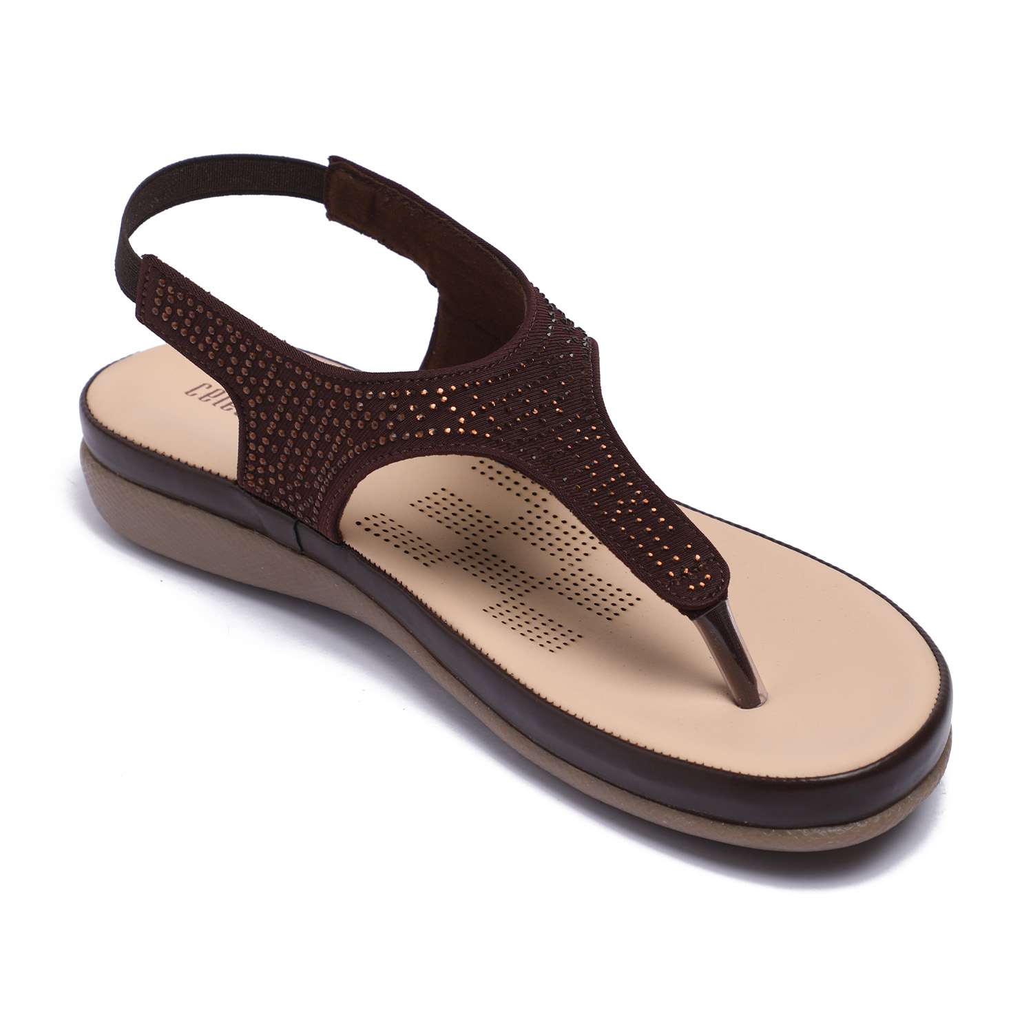 Women Brown T-Strap Stone Embellished Sandals