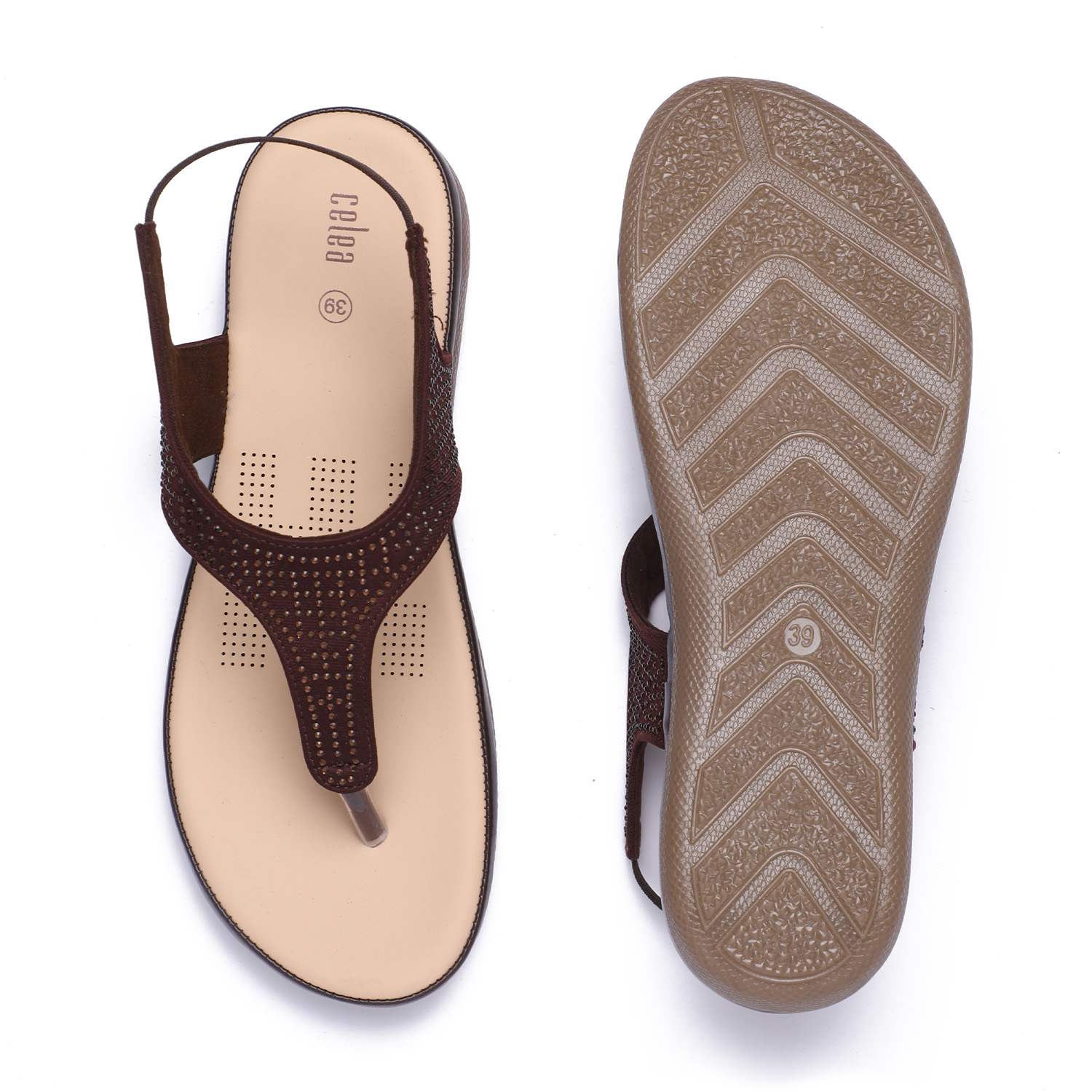 Women Brown T-Strap Stone Embellished Sandals