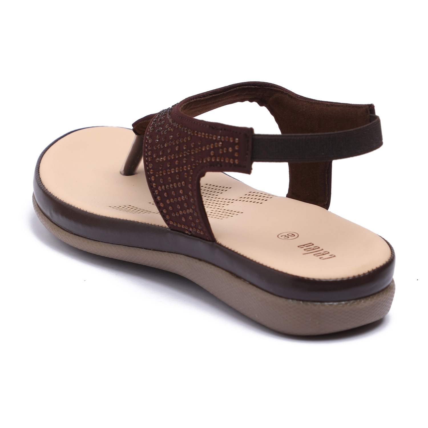 Women Brown T-Strap Stone Embellished Sandals