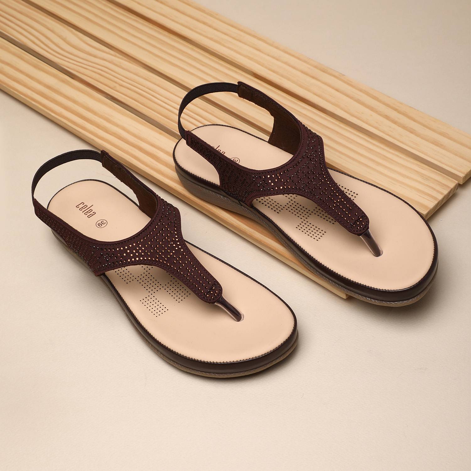 Women Brown T-Strap Stone Embellished Sandals
