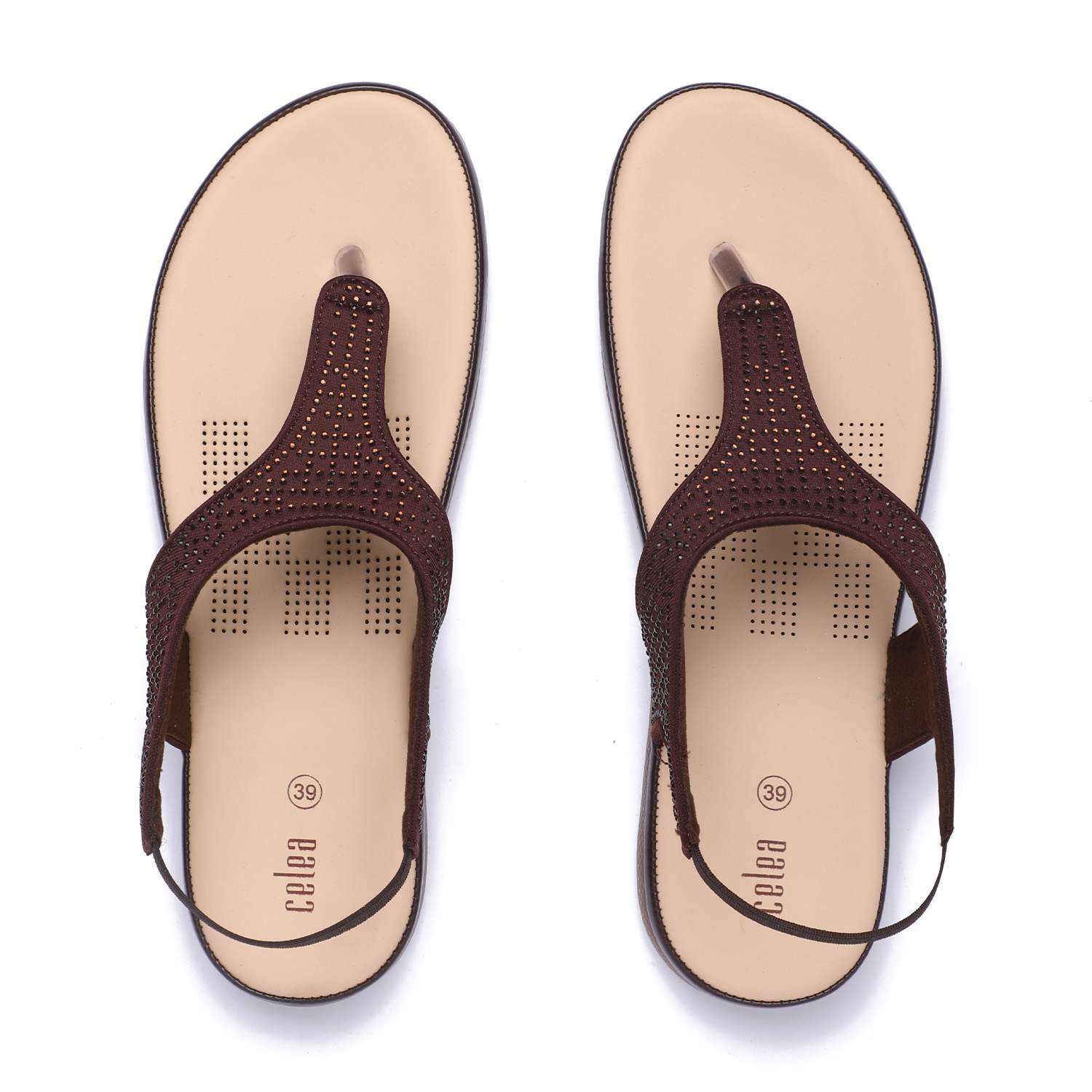 Women Brown T-Strap Stone Embellished Sandals