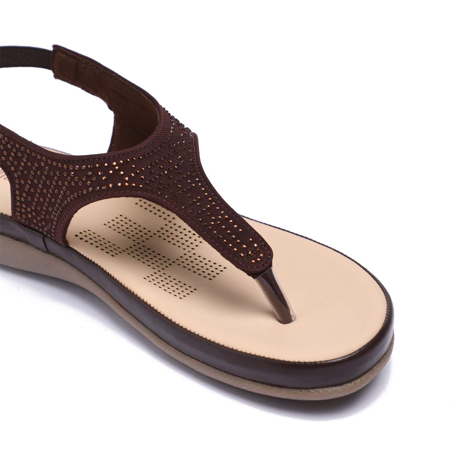 Women Brown T-Strap Stone Embellished Sandals