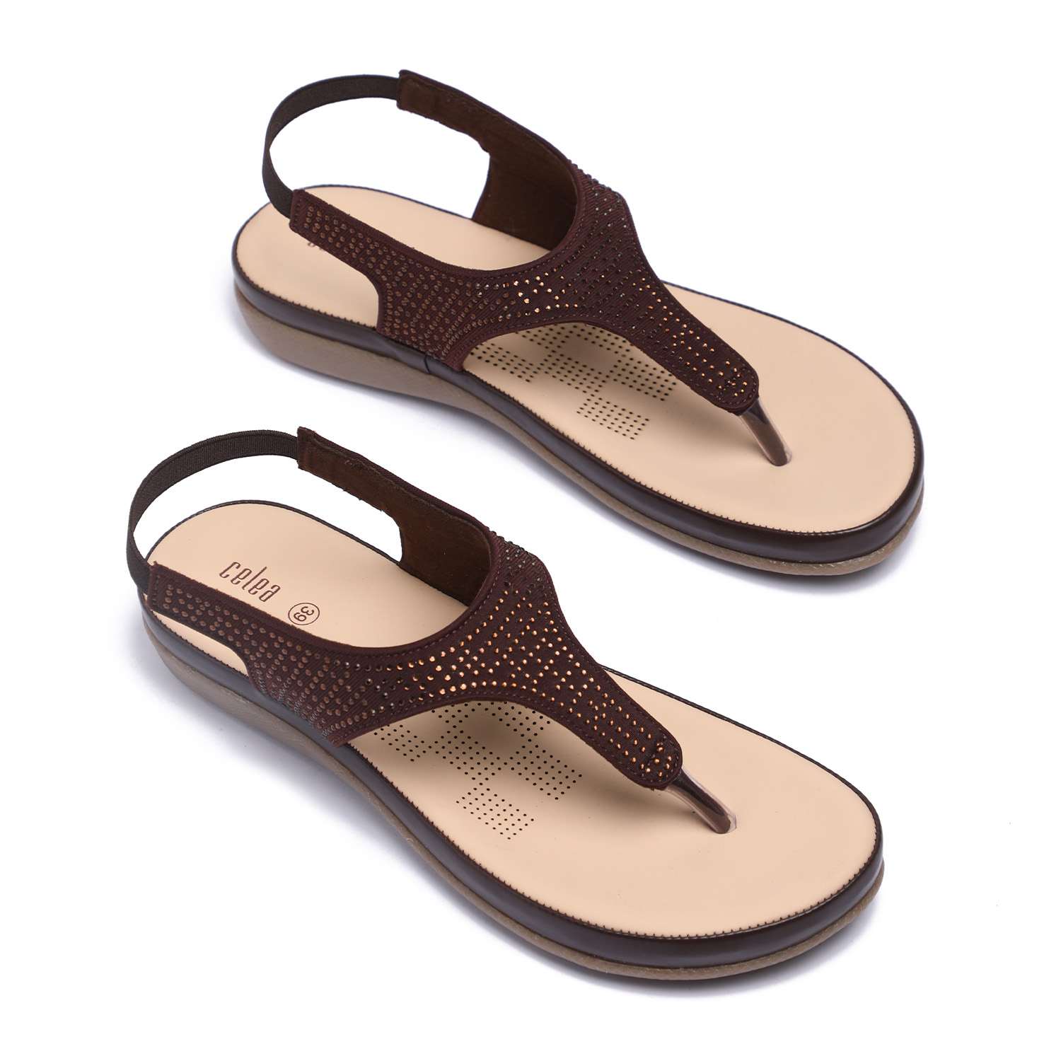 Women Brown T-Strap Stone Embellished Sandals