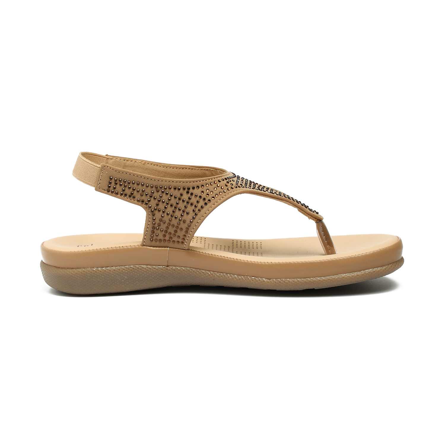 Women Camel T-Strap Stone Embellished Sandals