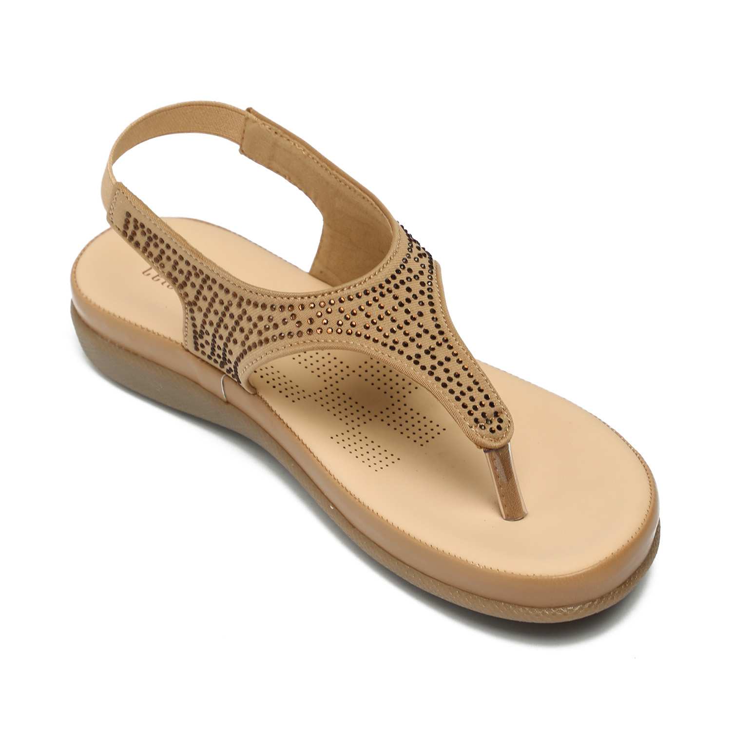 Women Camel T-Strap Stone Embellished Sandals