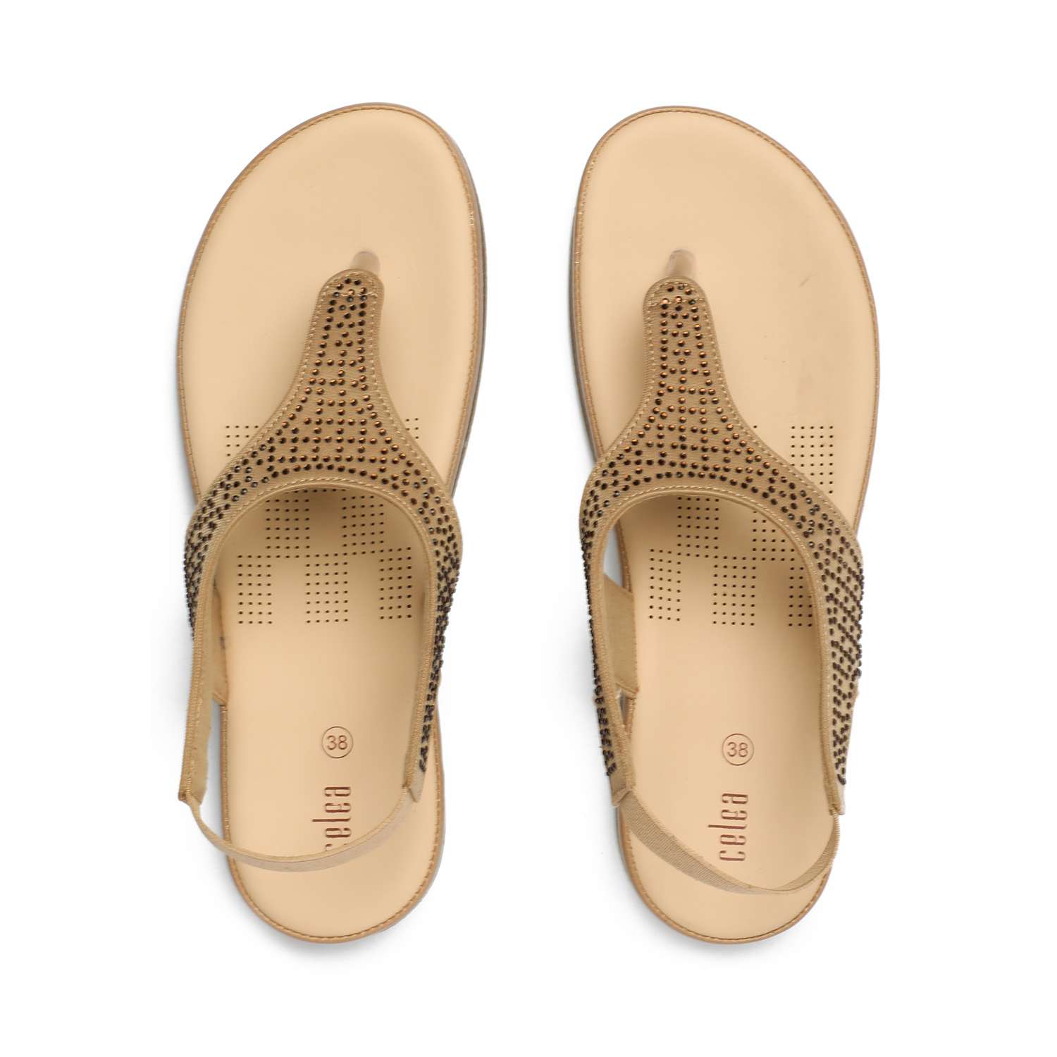 Women Camel T-Strap Stone Embellished Sandals
