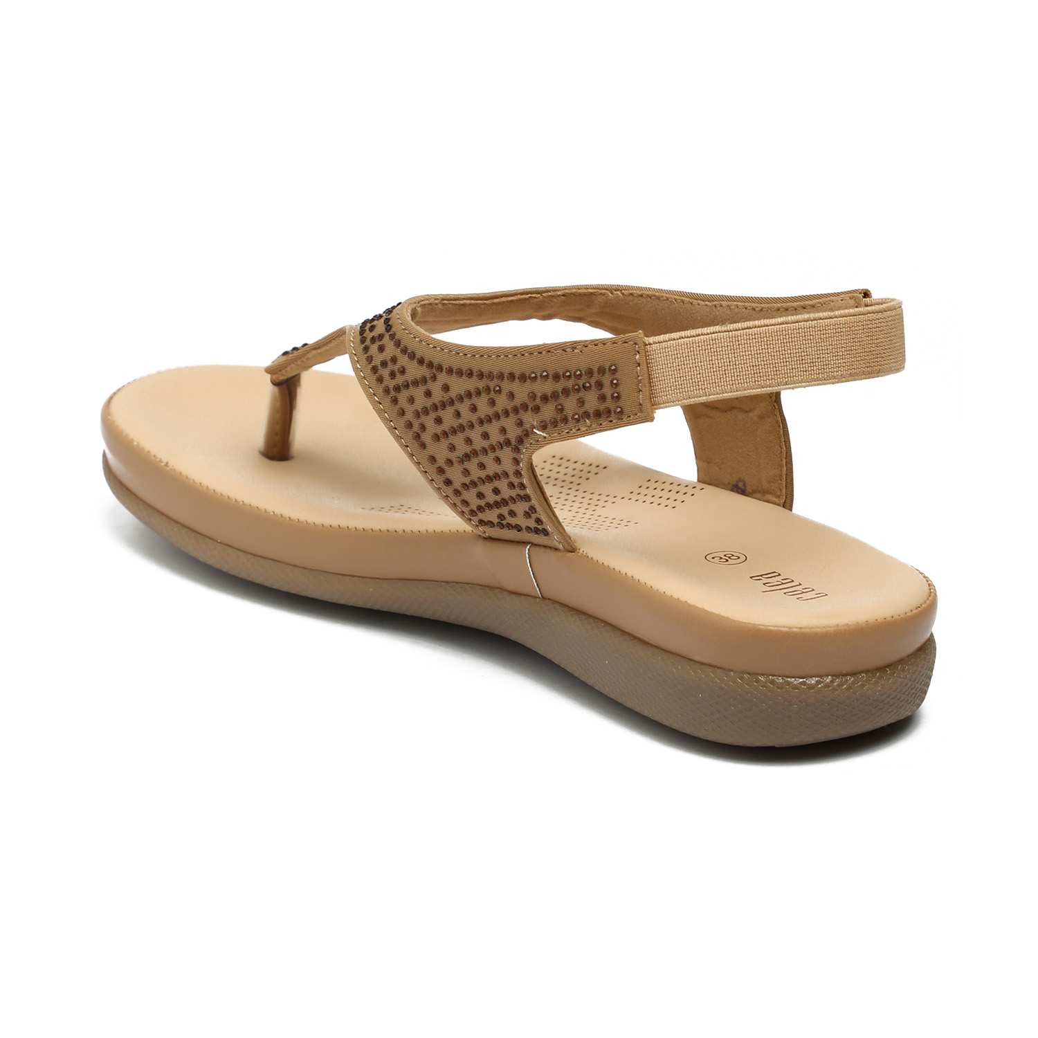 Women Camel T-Strap Stone Embellished Sandals