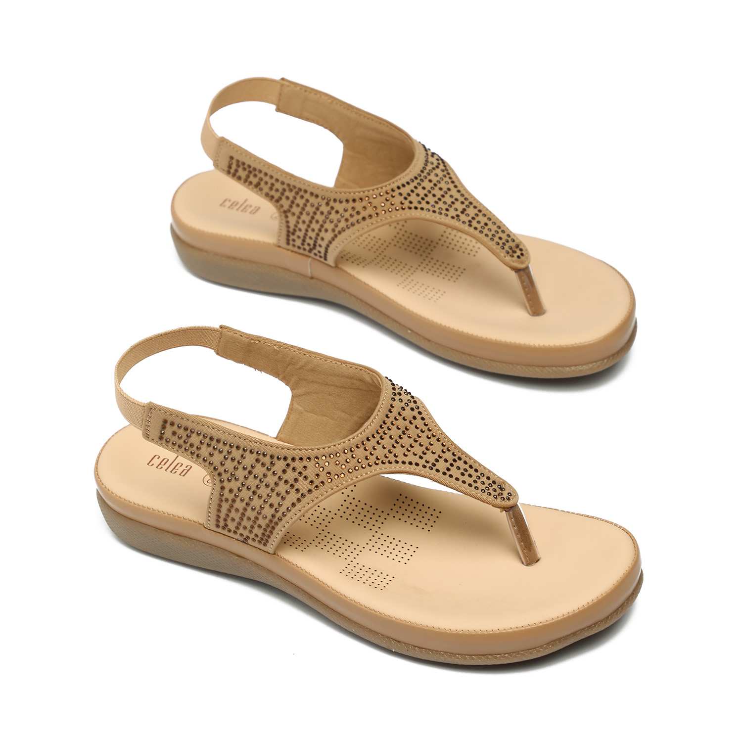 Women Camel T-Strap Stone Embellished Sandals
