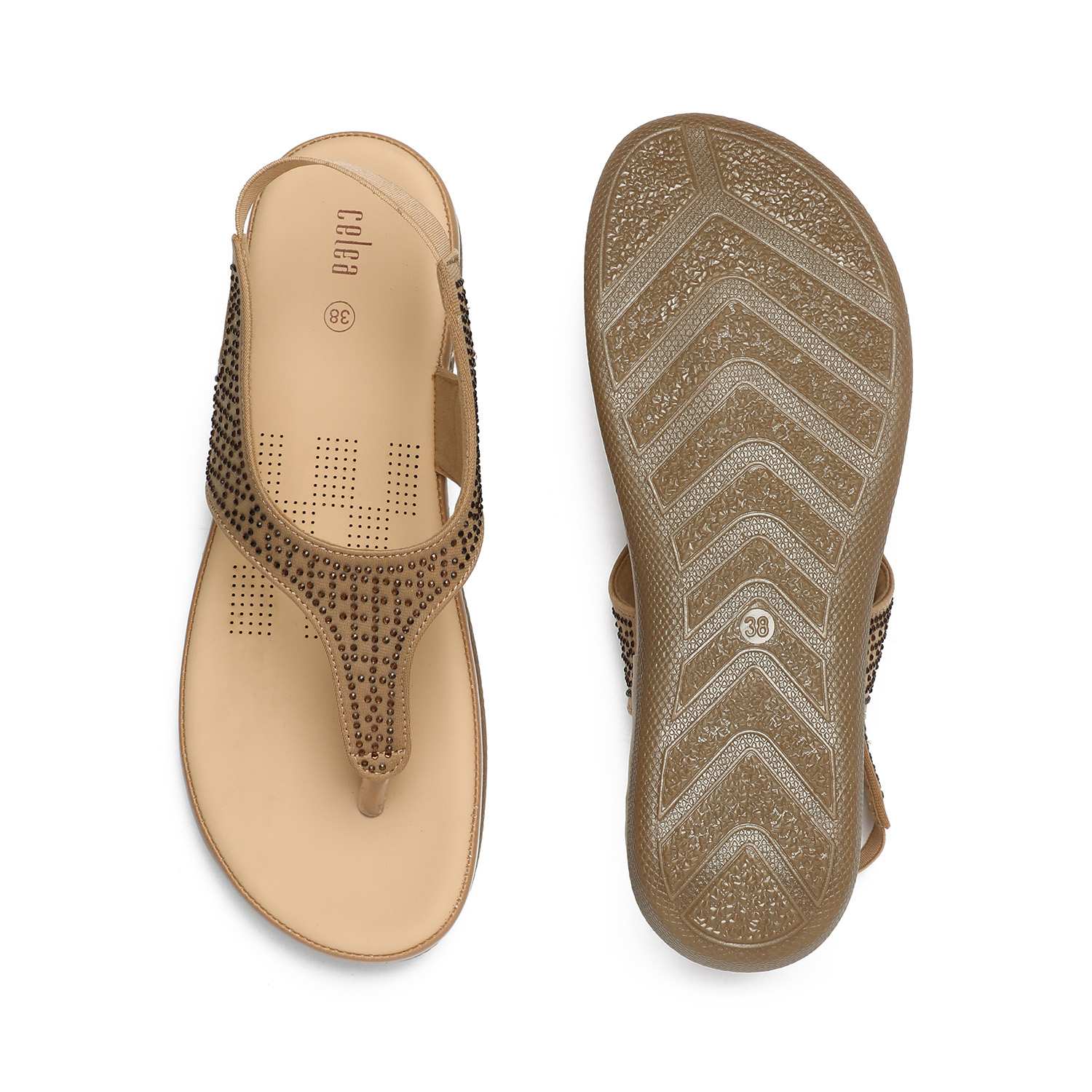 Women Camel T-Strap Stone Embellished Sandals