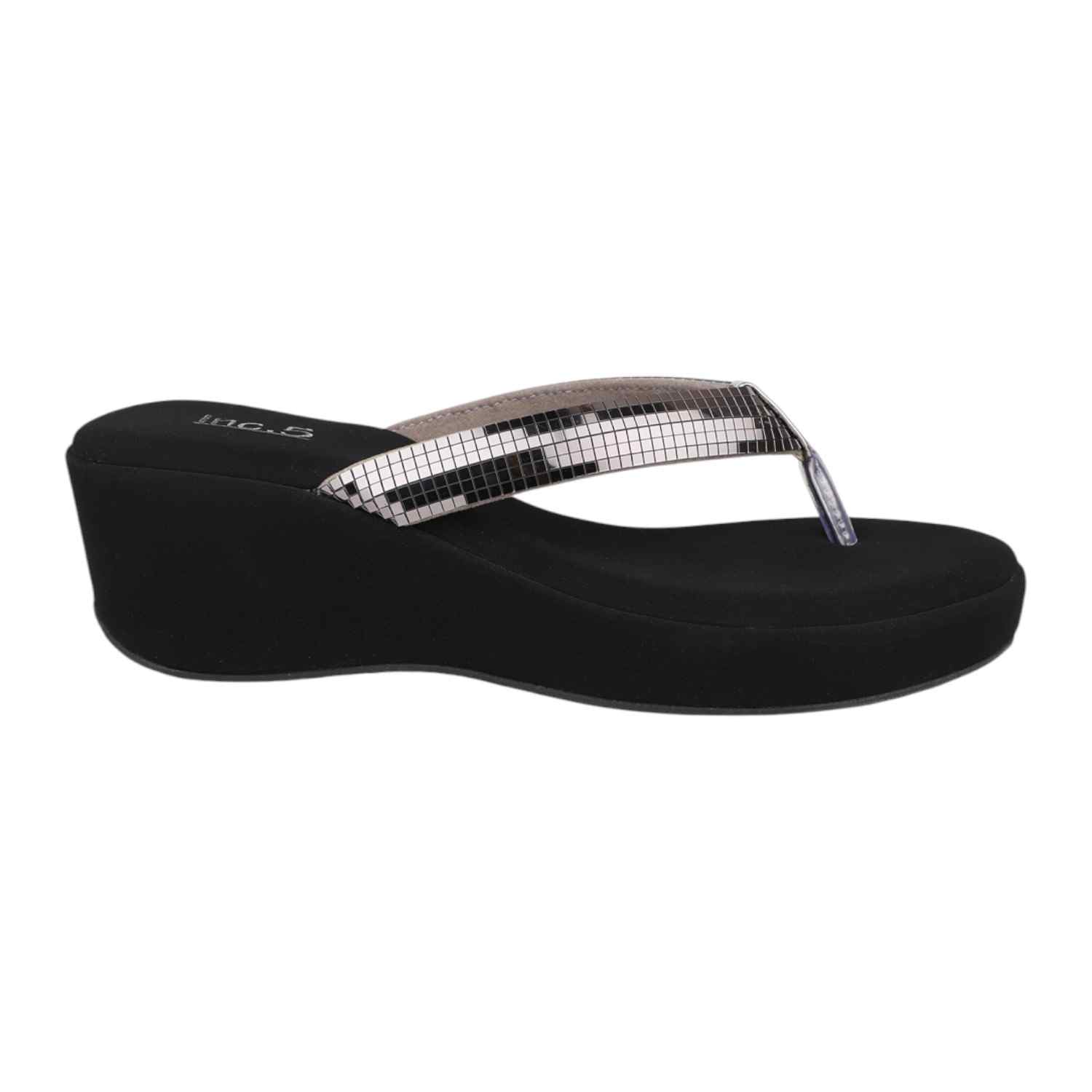 Women Black Wedge Thong Sandals with Antique Pewter Sequin Strap