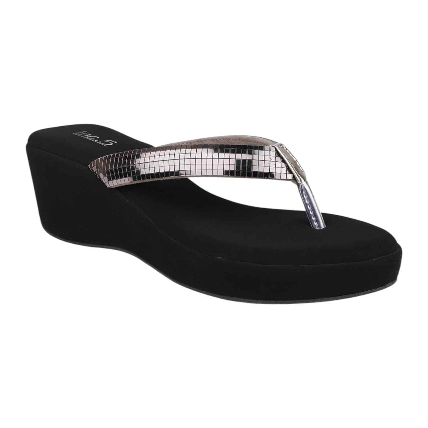 Women Black Wedge Thong Sandals with Antique Pewter Sequin Strap