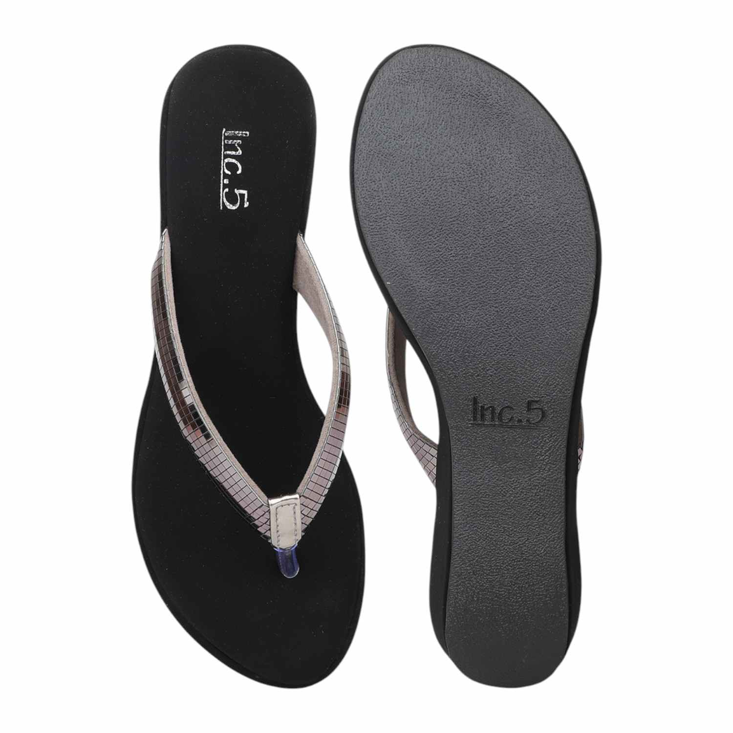 Women Black Wedge Thong Sandals with Antique Pewter Sequin Strap