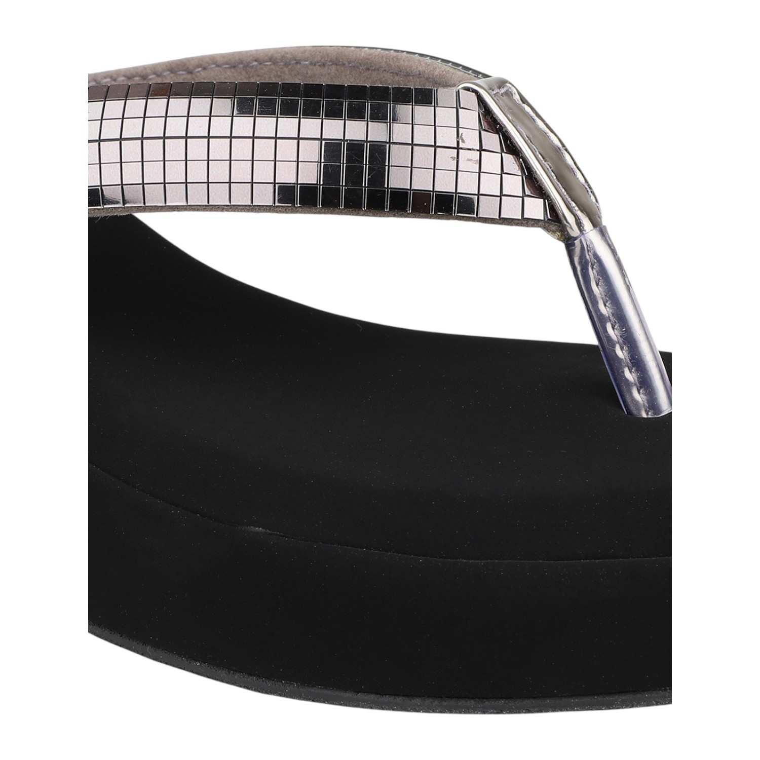 Women Black Wedge Thong Sandals with Antique Pewter Sequin Strap