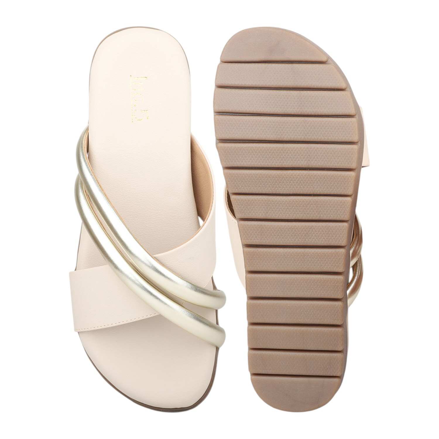 Women Cream & Gold Criss-Cross Strap Flat Sandals