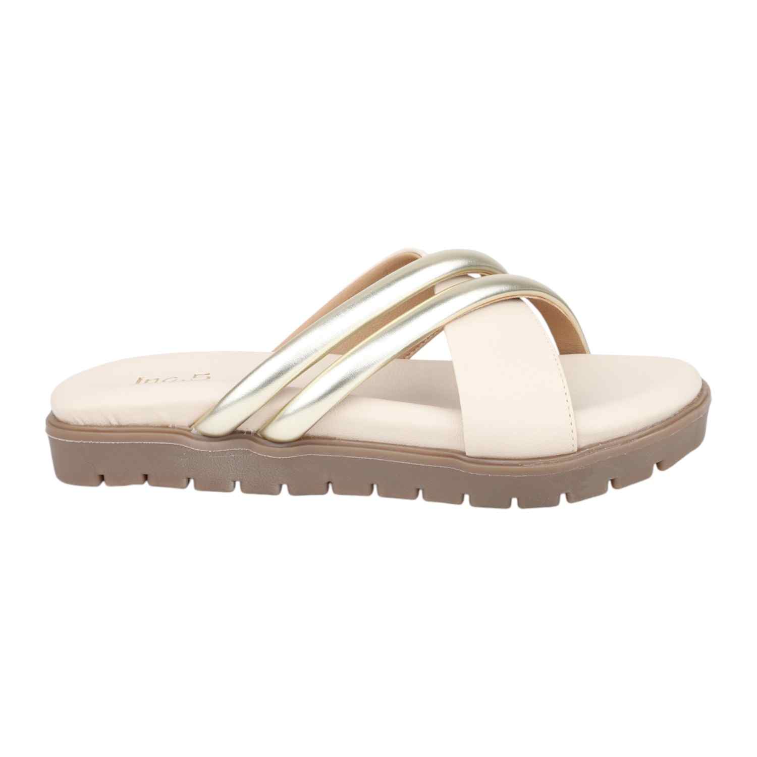 Women Cream & Gold Criss-Cross Strap Flat Sandals