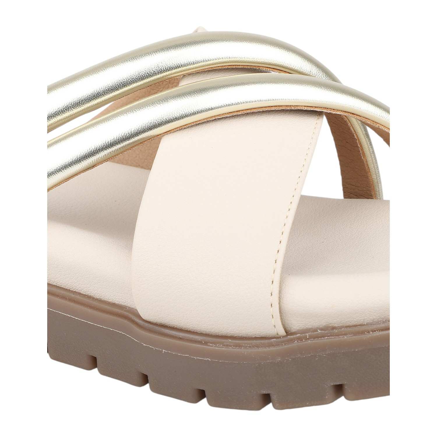 Women Cream & Gold Criss-Cross Strap Flat Sandals