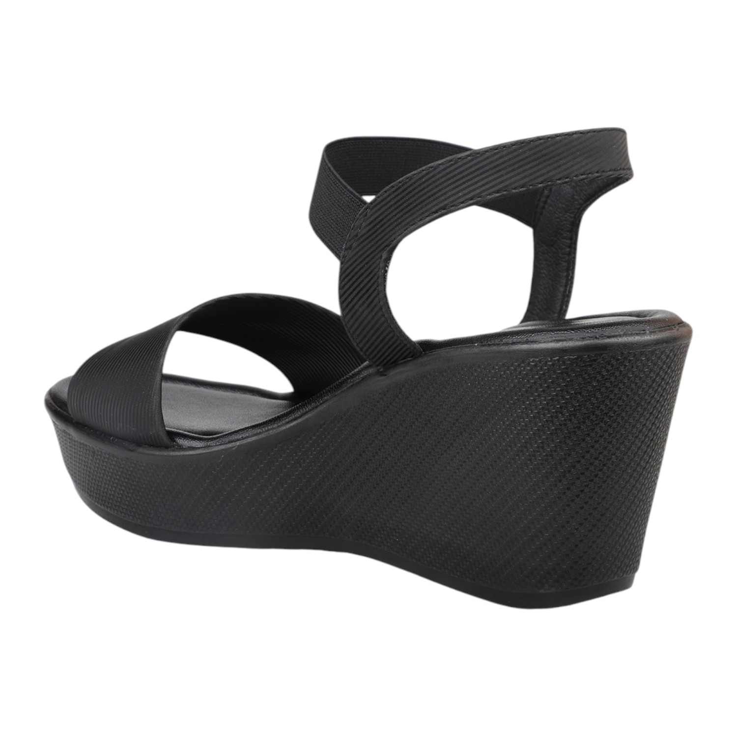Women's Black Comfort Wedge Sandals with Elastic Straps