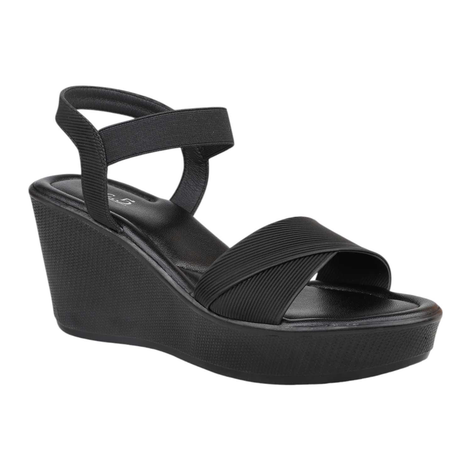 Women's Black Comfort Wedge Sandals with Elastic Straps
