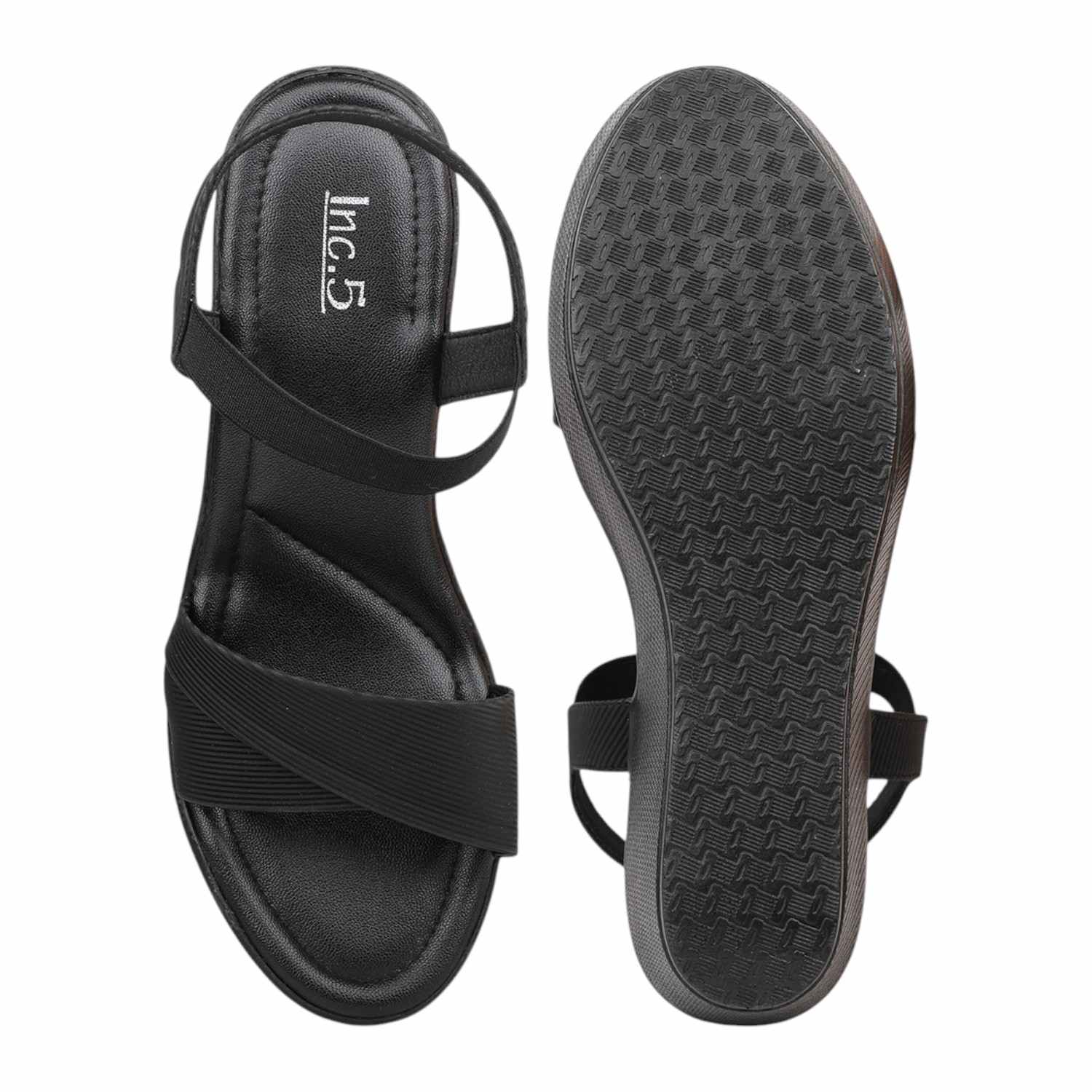 Women's Black Comfort Wedge Sandals with Elastic Straps