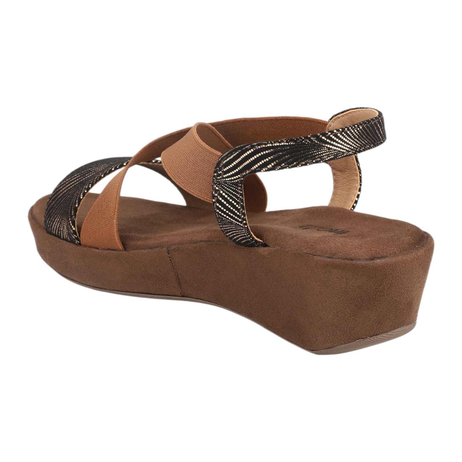Women Antique Gold & Black Patterned Wedge Sandals with Tan Elastic Straps