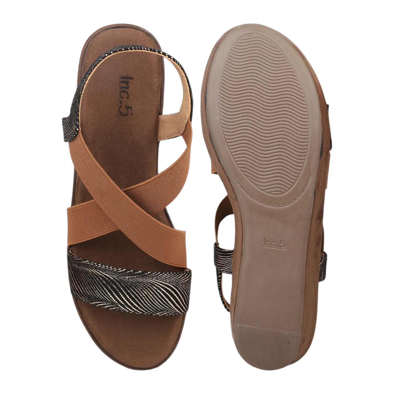 Women Antique Gold & Black Patterned Wedge Sandals with Tan Elastic Straps