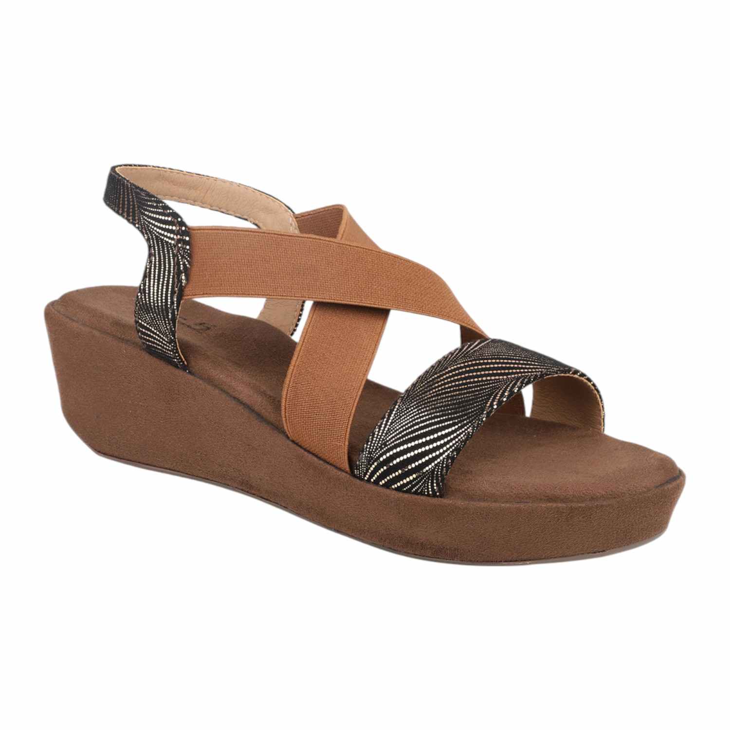 Women Antique Gold & Black Patterned Wedge Sandals with Tan Elastic Straps