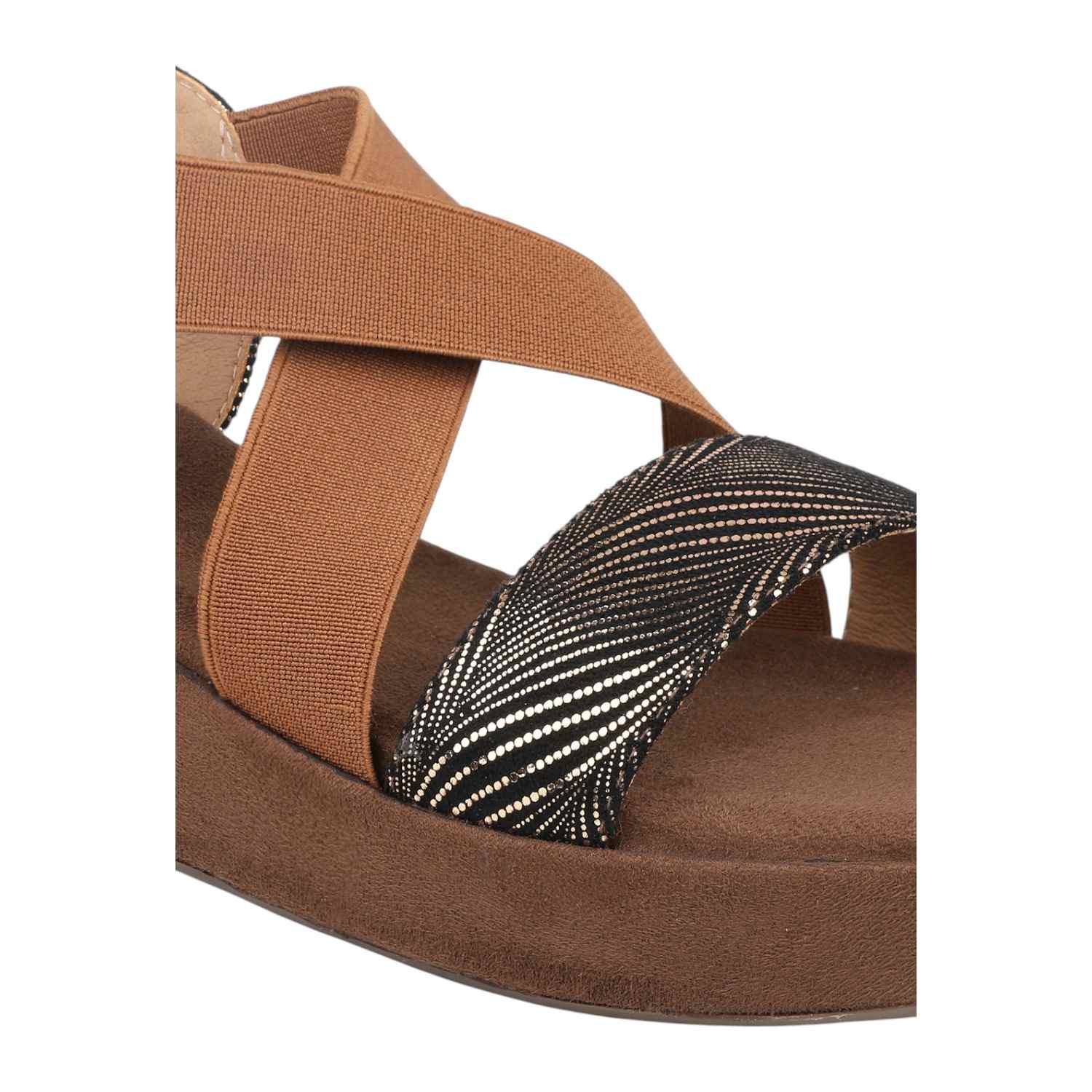 Women Antique Gold & Black Patterned Wedge Sandals with Tan Elastic Straps