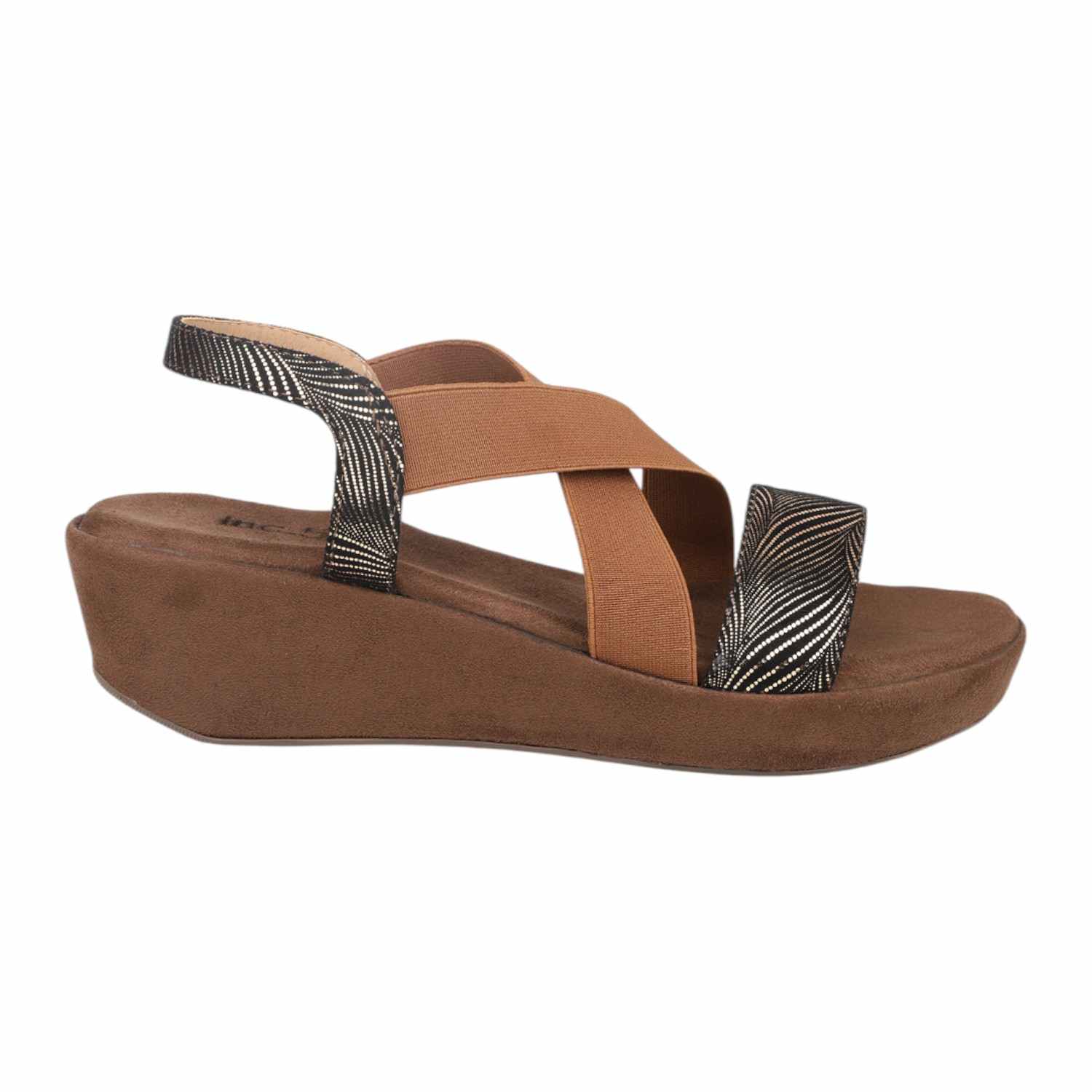 Women Antique Gold & Black Patterned Wedge Sandals with Tan Elastic Straps