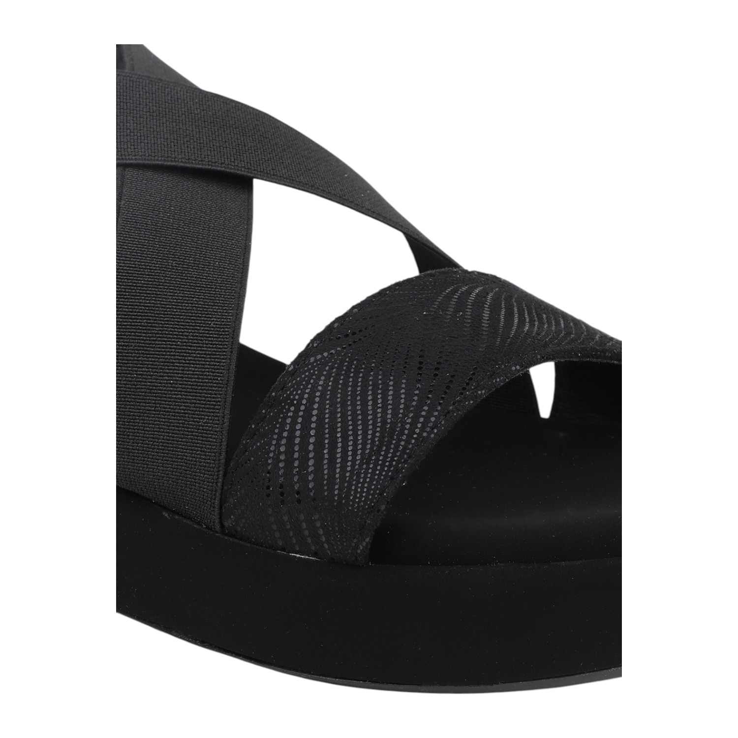 Women Antique Grey & Black Patterned Wedge Sandals with Black Elastic Straps