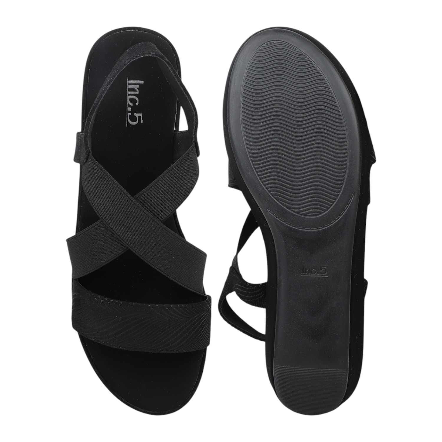 Women Antique Grey & Black Patterned Wedge Sandals with Black Elastic Straps