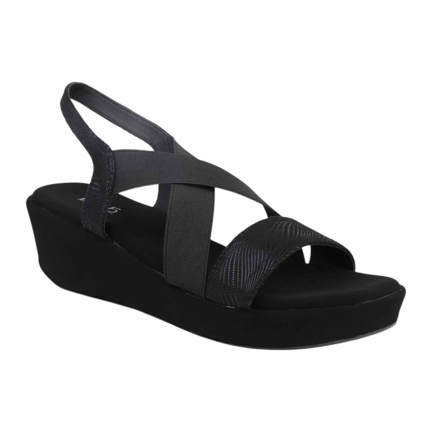 Women Antique Grey & Black Patterned Wedge Sandals with Black Elastic Straps