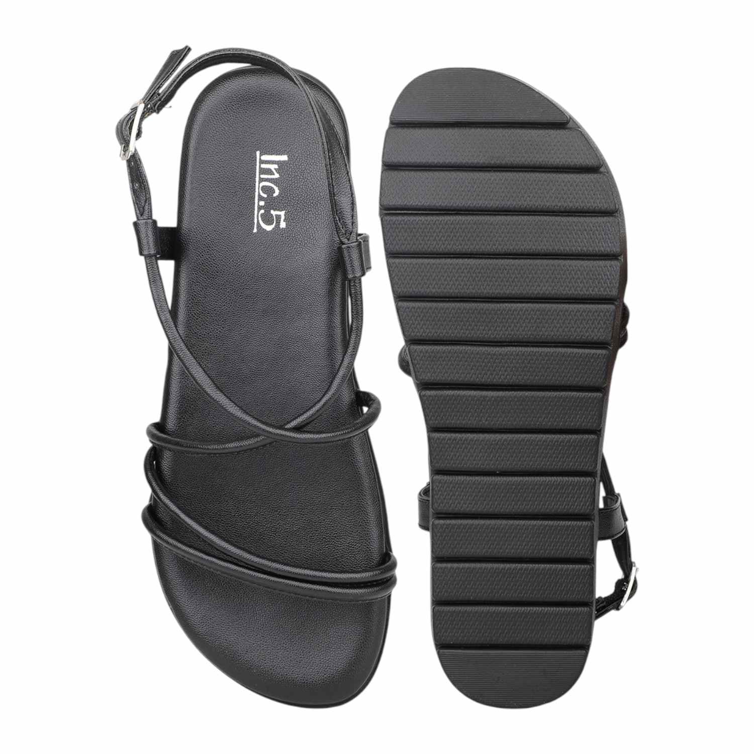 Women Black Multi-Strap Platform Flat Sandals
