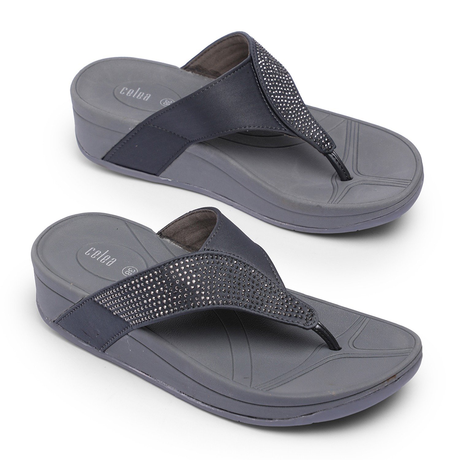 Women Grey Stone Embellished Casual Wedges