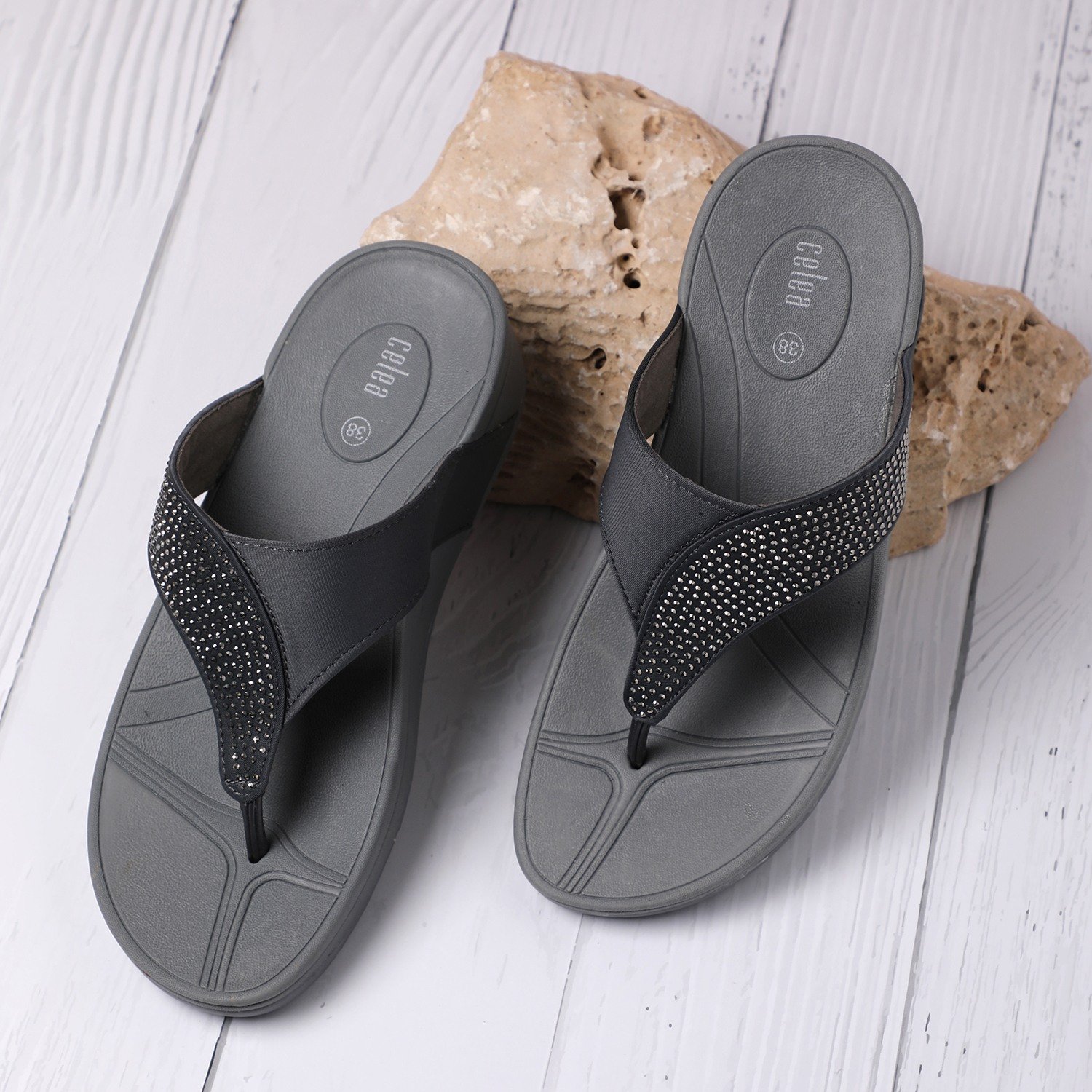 Women Grey Stone Embellished Casual Wedges