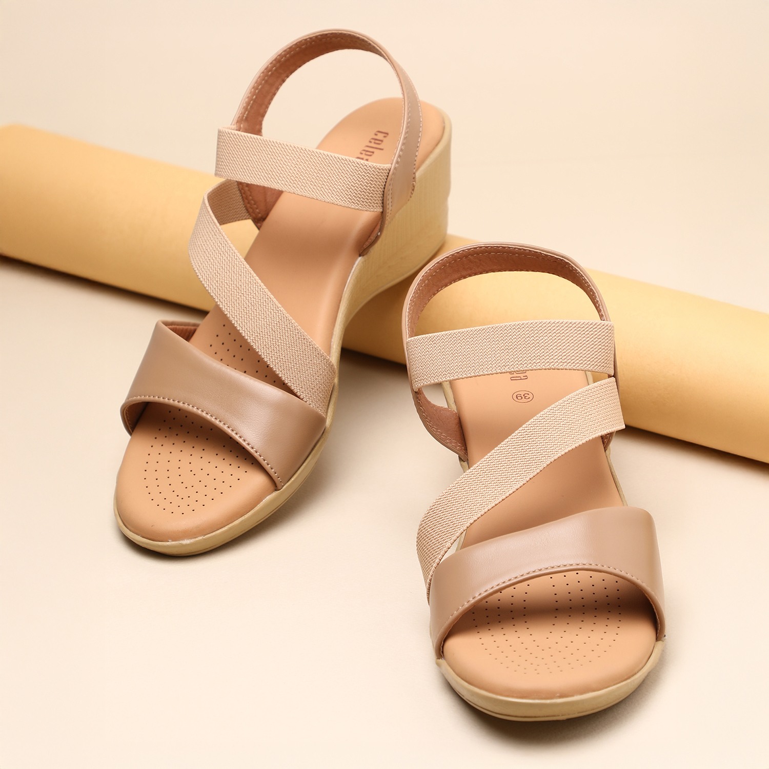 Women Beige Wedge Sandals with Elastic Straps