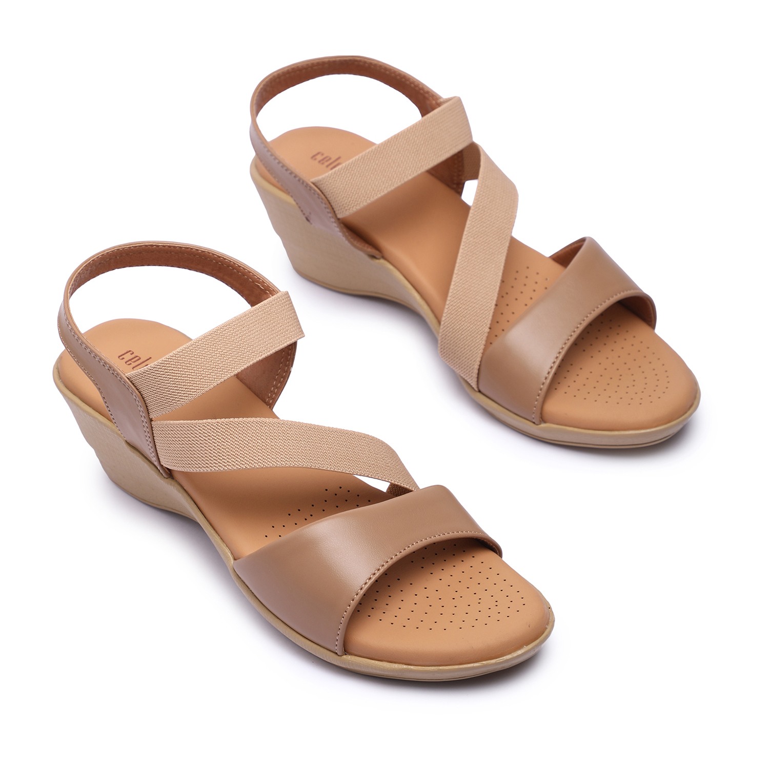Women Beige Wedge Sandals with Elastic Straps