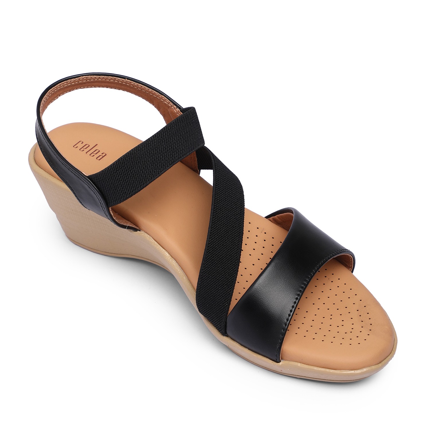 Women Black Wedge Sandals with Elastic Straps