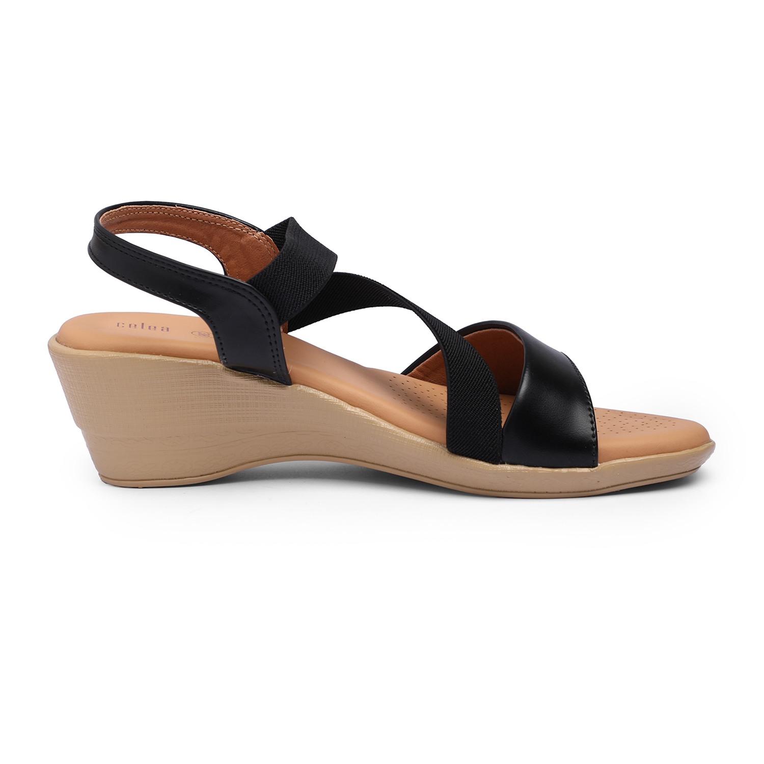 Women Black Wedge Sandals with Elastic Straps