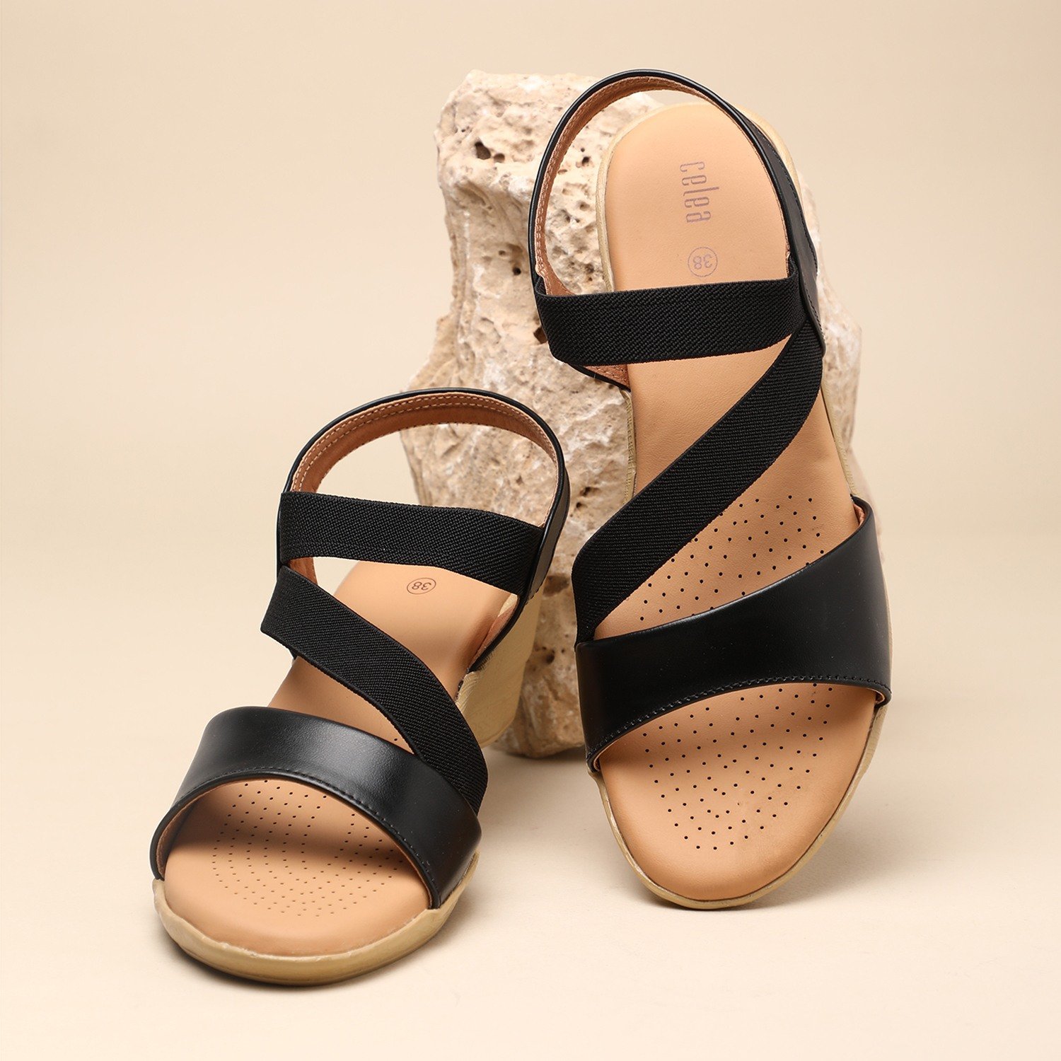 Women Black Wedge Sandals with Elastic Straps