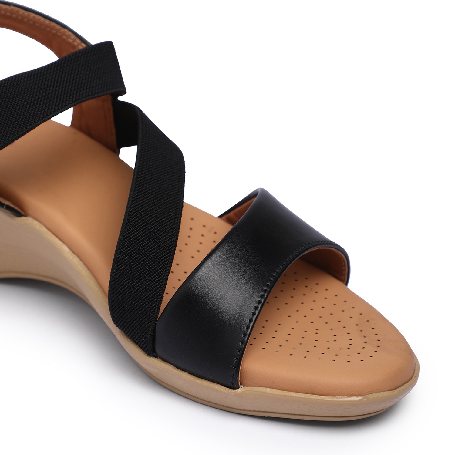 Women Black Wedge Sandals with Elastic Straps