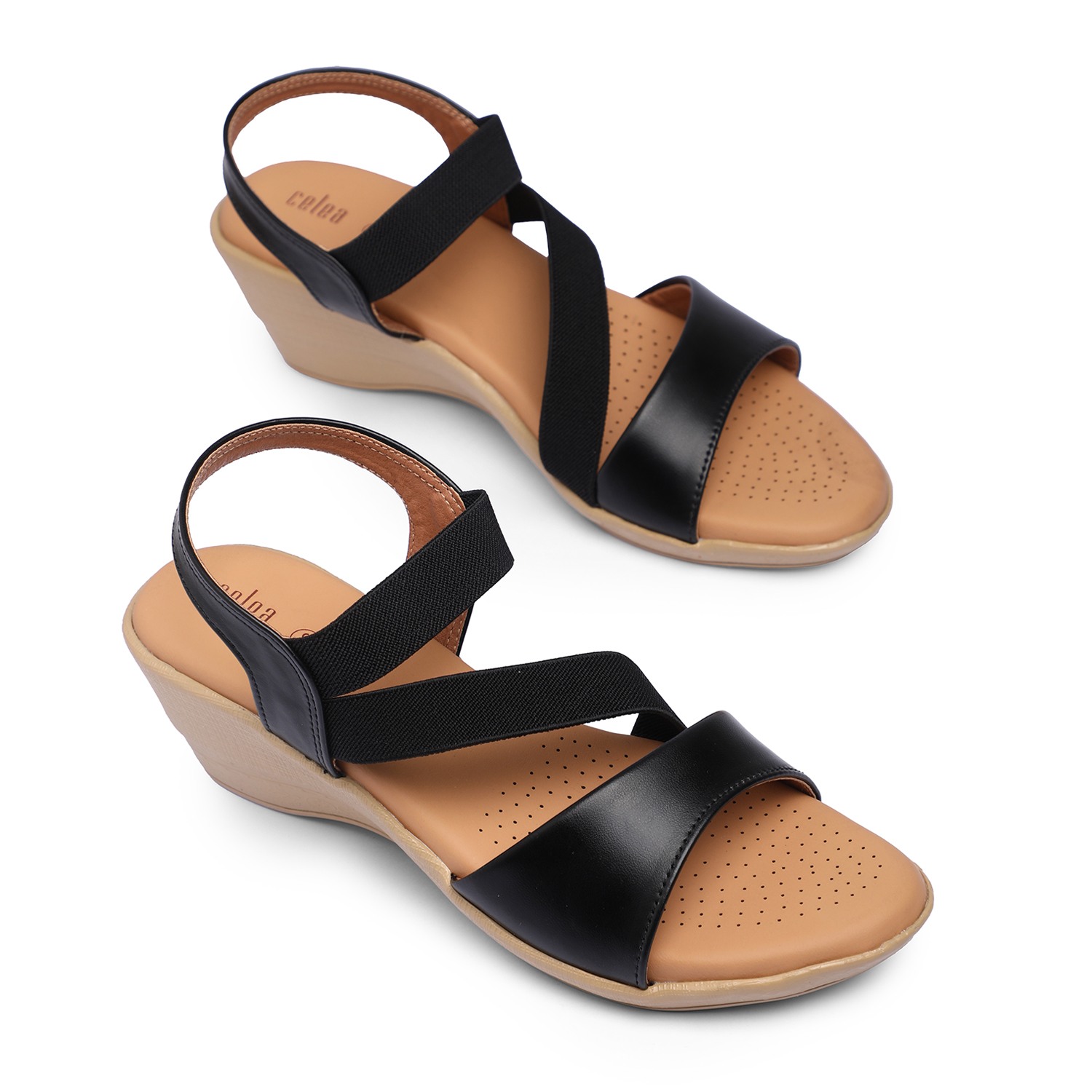 Women Black Wedge Sandals with Elastic Straps