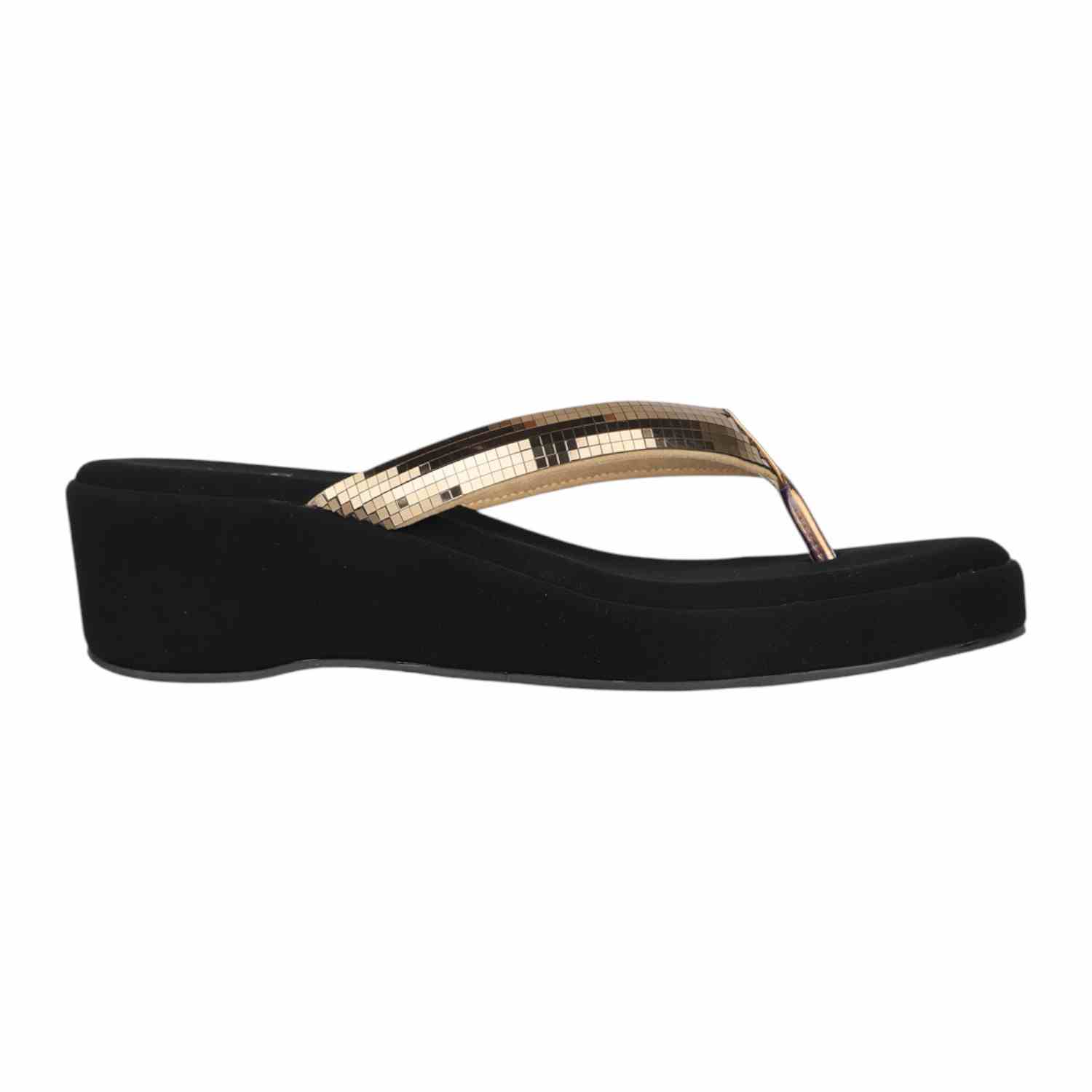 Women Black Wedge Thong Sandals with Antique Gold Sequin Strap
