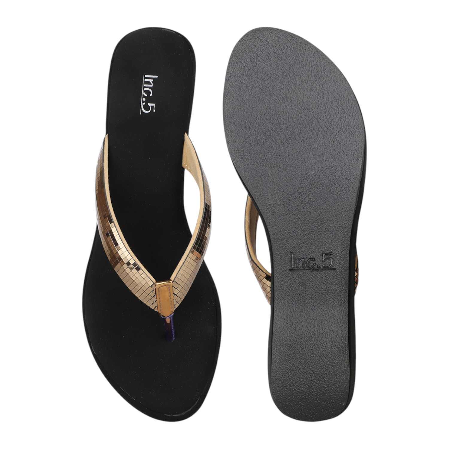 Women Black Wedge Thong Sandals with Antique Gold Sequin Strap