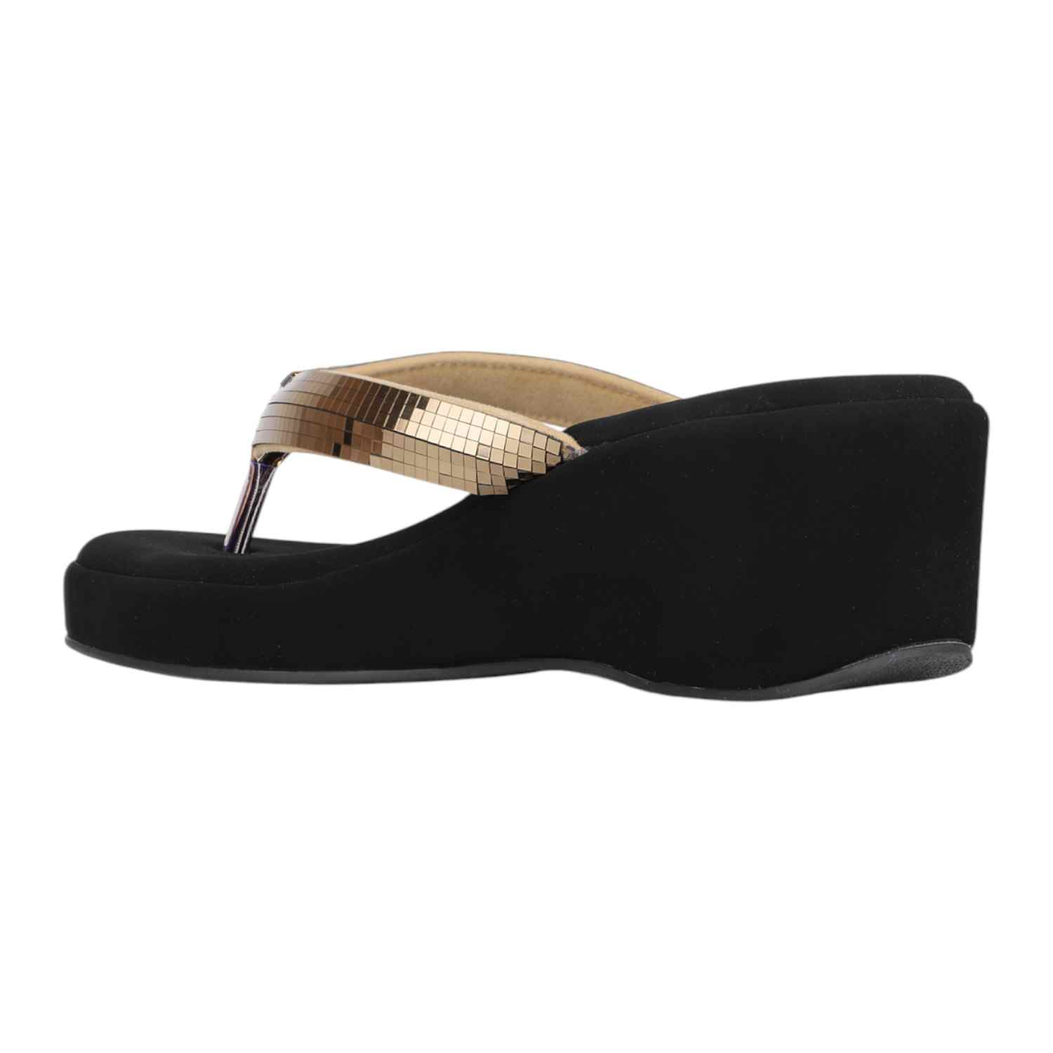 Women Black Wedge Thong Sandals with Antique Gold Sequin Strap